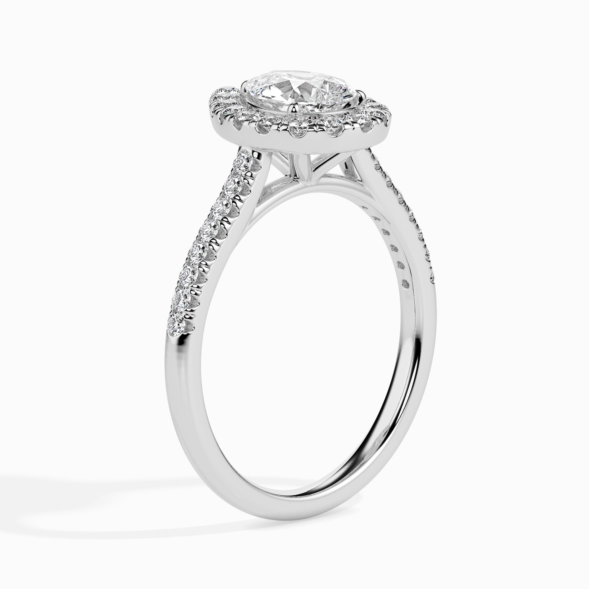 70-Pointer Pear Cut Solitaire Halo Diamond Shank Platinum Ring JL PT 19040-B   Jewelove.US