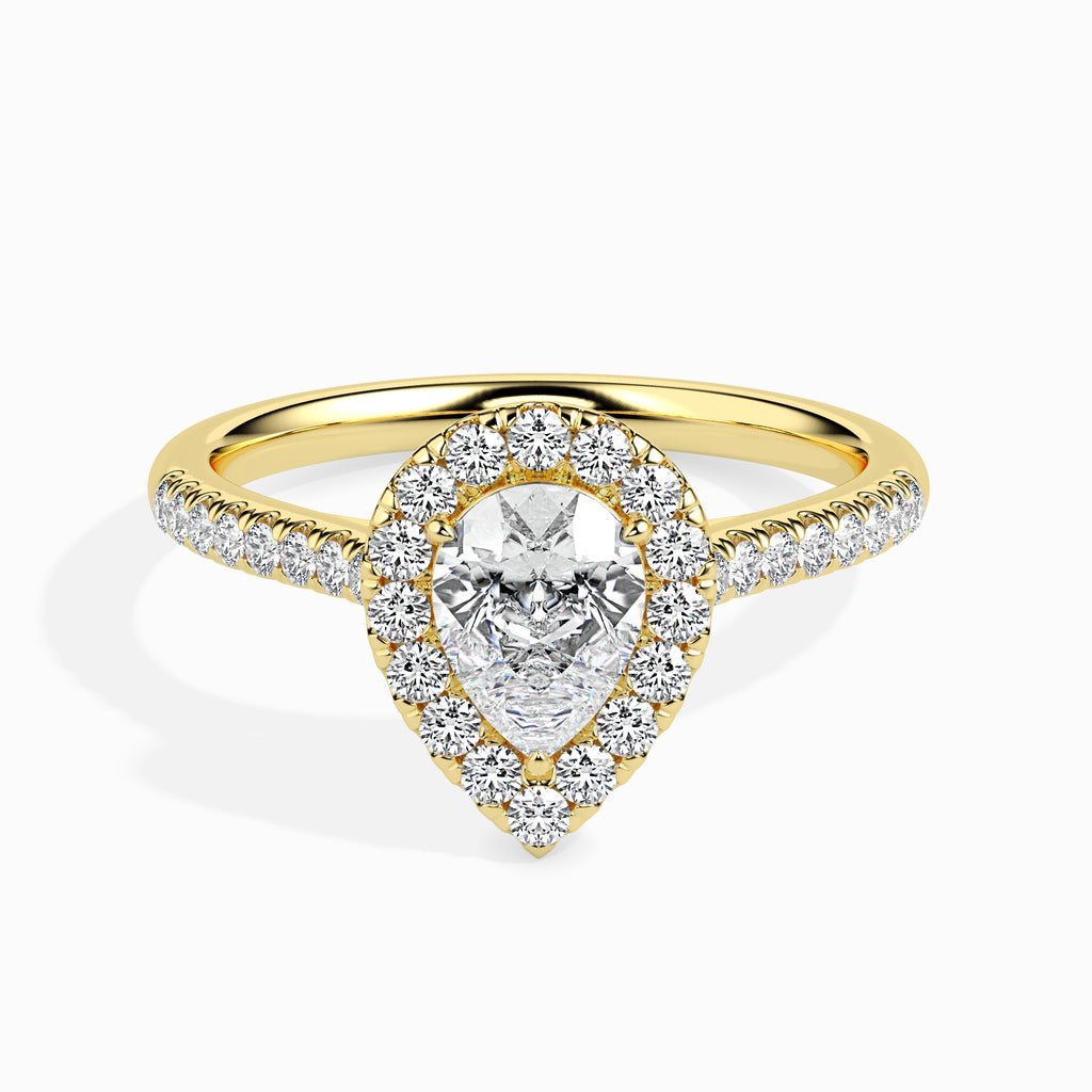 70-Pointer Pear Cut Solitaire Halo Diamond Shank 18K Yellow Gold Ring JL AU 19040Y-B   Jewelove.US