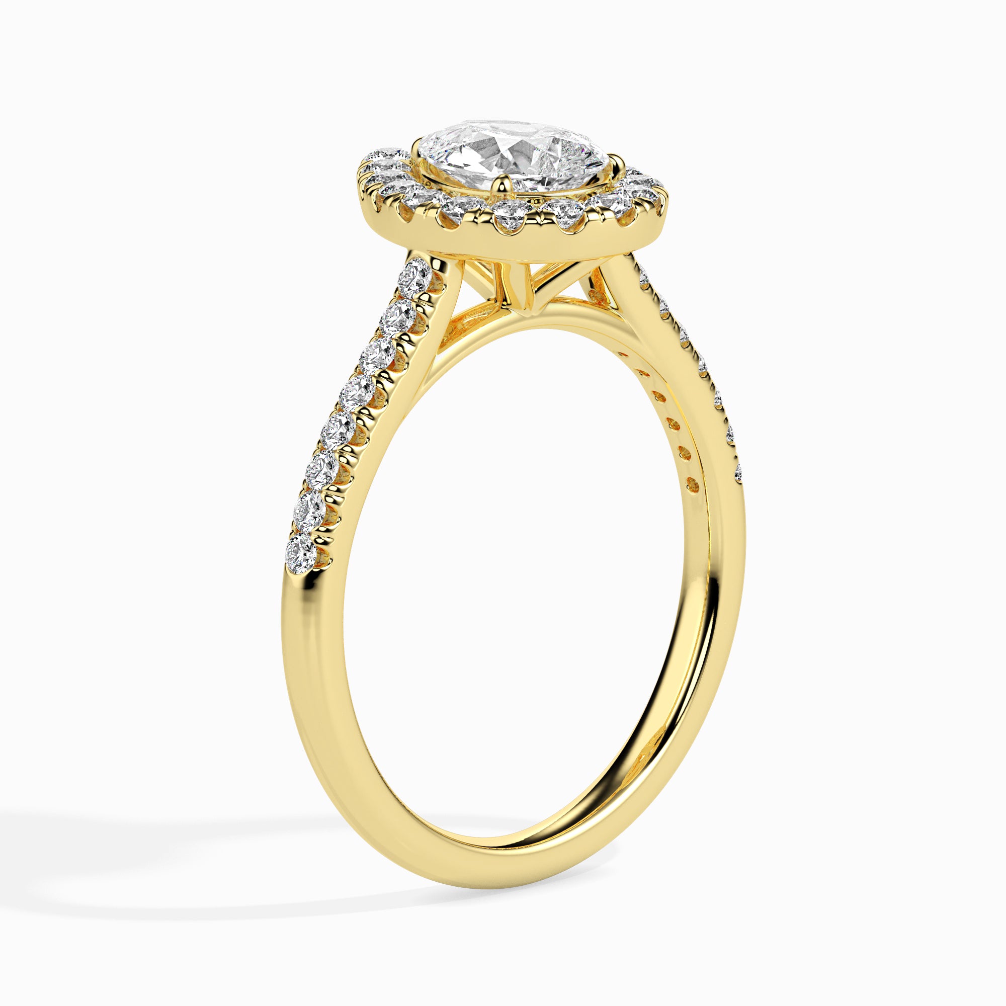 50-Pointer Pear Cut Solitaire Halo Diamond Shank 18K Yellow Gold Ring JL AU 19040Y-A   Jewelove.US