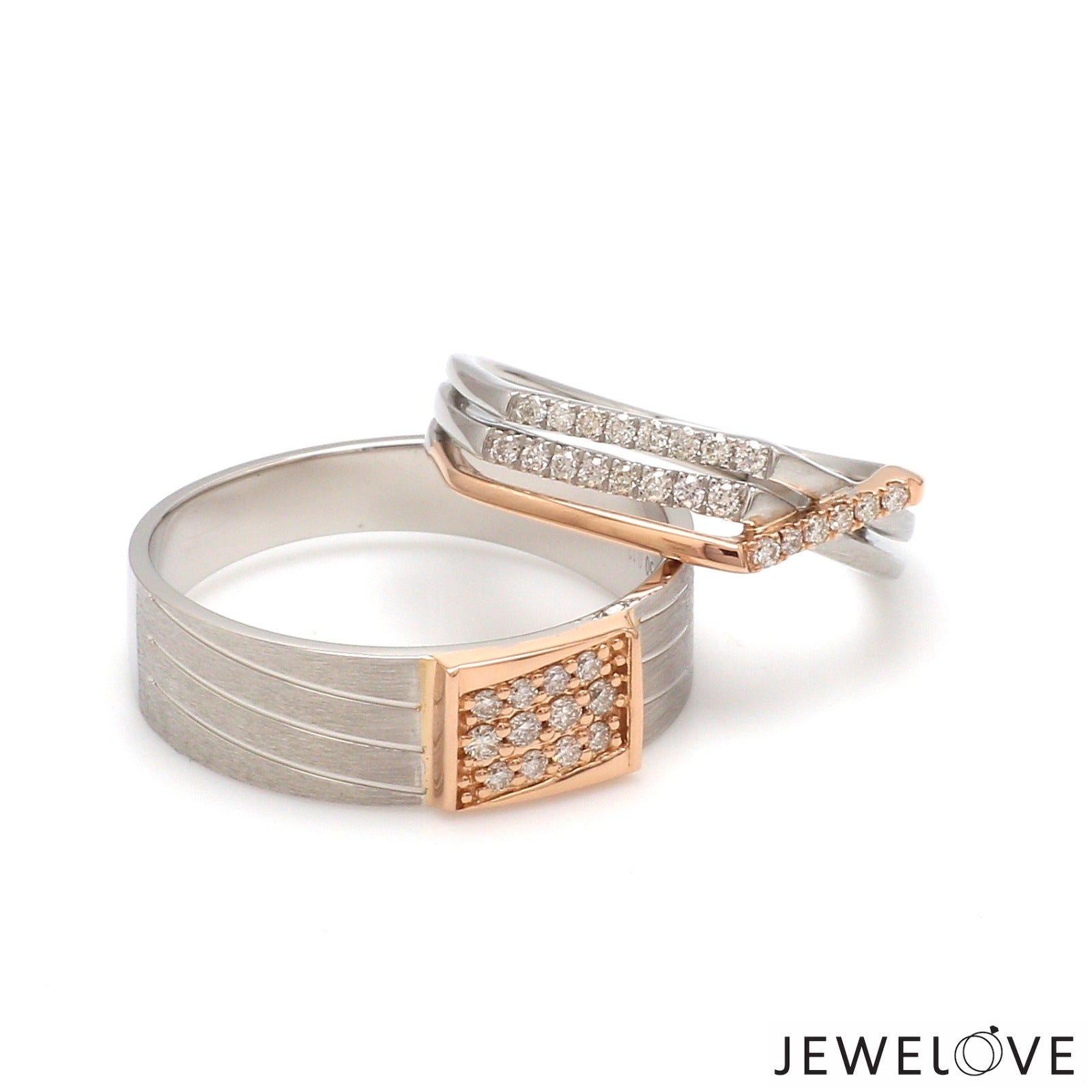 Parallel Paths Platinum Couple Rings with Rose Gold & Diamonds JL PT 966