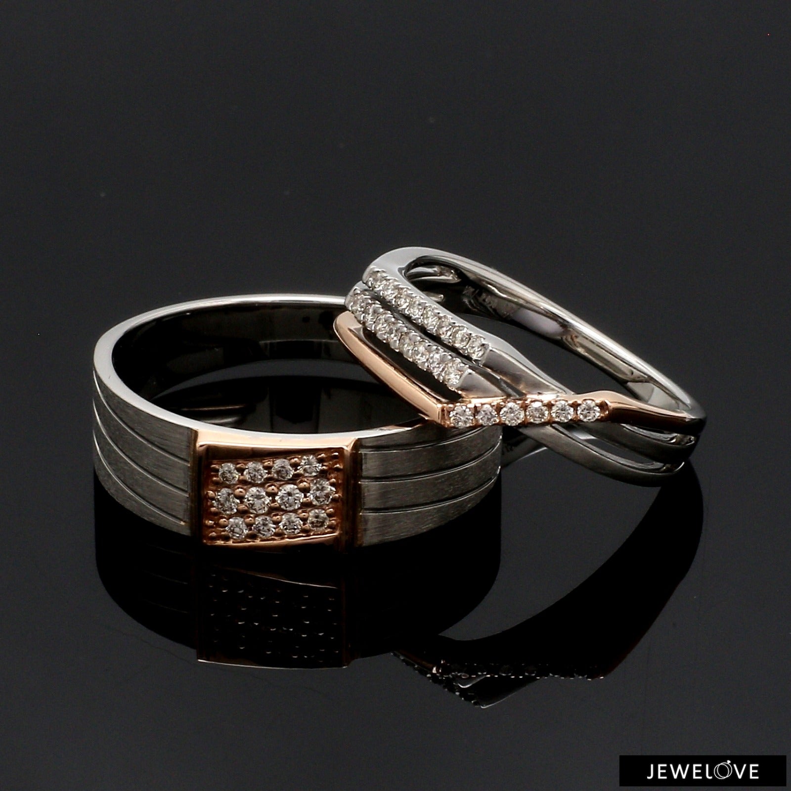 Parallel Paths Platinum Couple Rings with Rose Gold & Diamonds JL PT 966