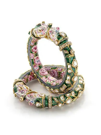 Artistic Elephant Kada Bangle with Diamond Polki, Pink & Green Enamel   Suranas Jewelove