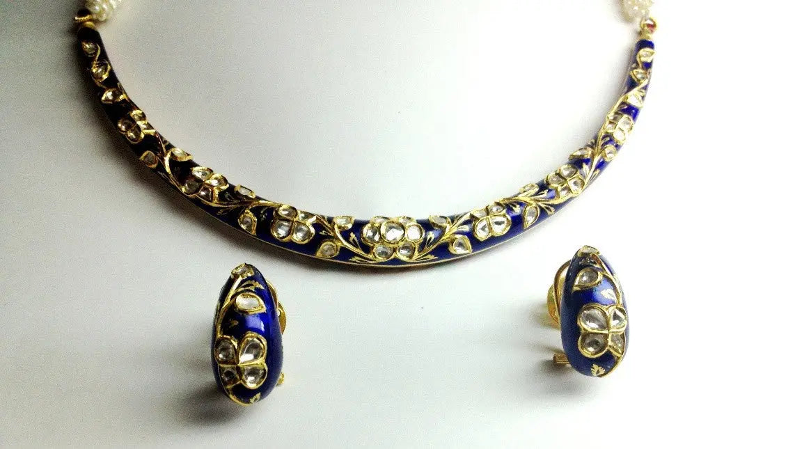 Blue color Meena Hasli with Uncut Diamond Polki   Suranas Jewelove
