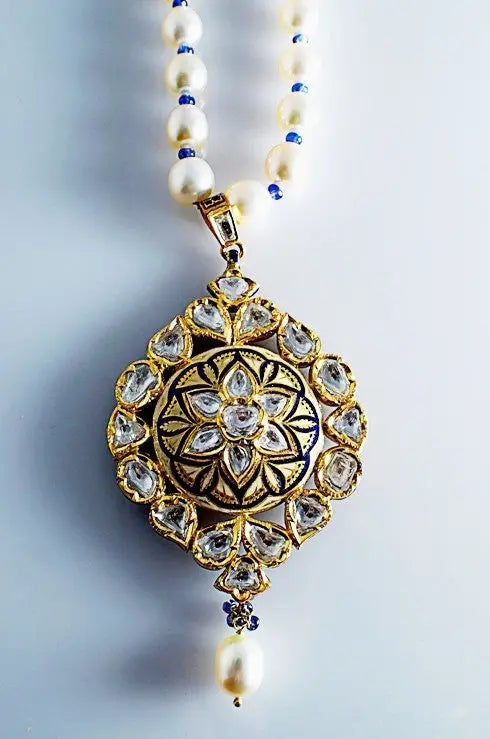 Cream and Blue Enamel Diamond Polki Pendant set by Suranas Jewelove   Suranas Jewelove