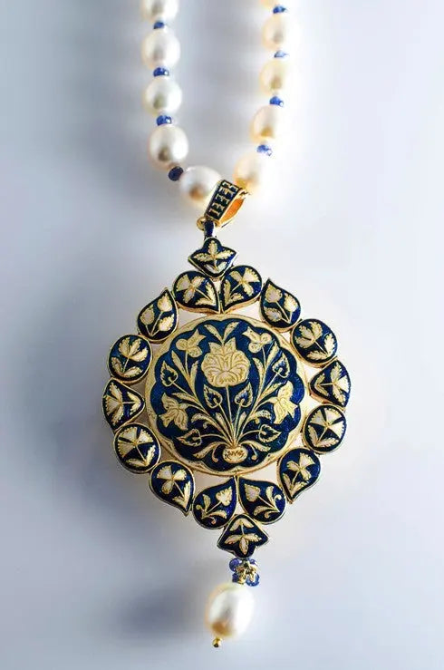 Cream and Blue Enamel Diamond Polki Pendant set by Suranas Jewelove   Suranas Jewelove