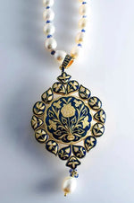 Load image into Gallery viewer, Cream and Blue Enamel Diamond Polki Pendant set by Suranas Jewelove   Suranas Jewelove

