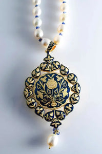 Cream and Blue Enamel Diamond Polki Pendant set by Suranas Jewelove   Suranas Jewelove