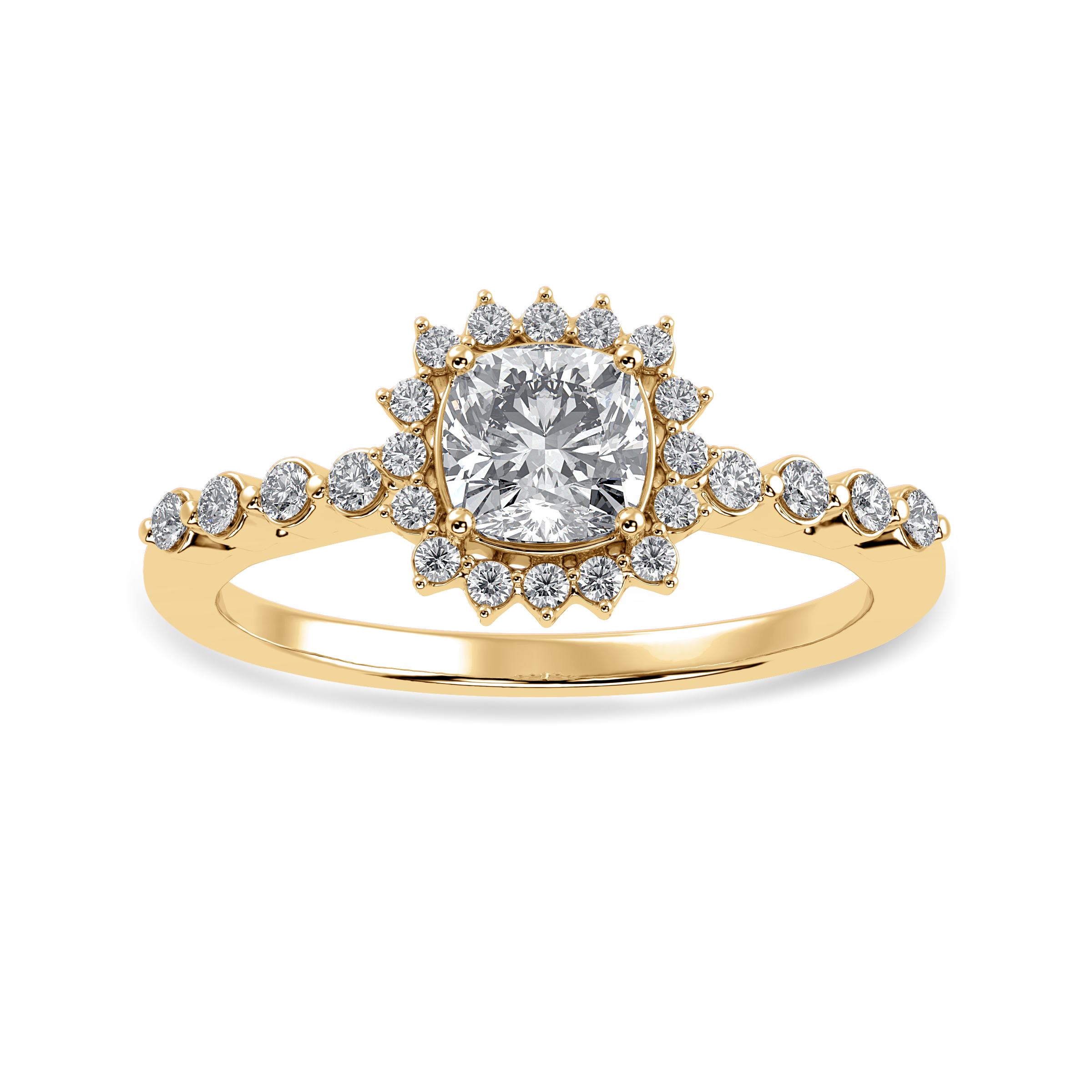 70-Pointer Cushion Cut Solitaire Halo Diamond Shank 18K Yellow Gold Ring JL AU 1249Y-B   Jewelove.US