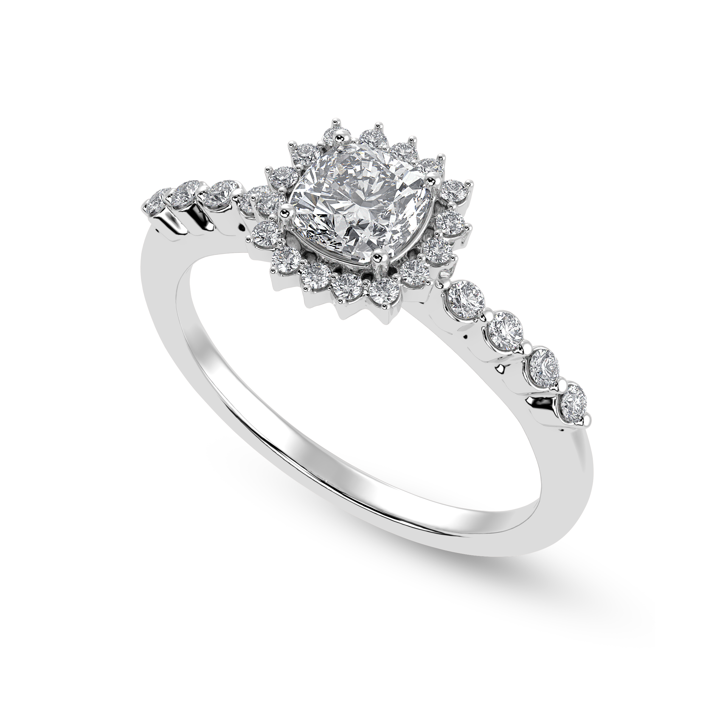 50-Pointer Cushion Cut Solitaire Halo Diamond Shank Platinum Ring JL PT 1249-A   Jewelove.US