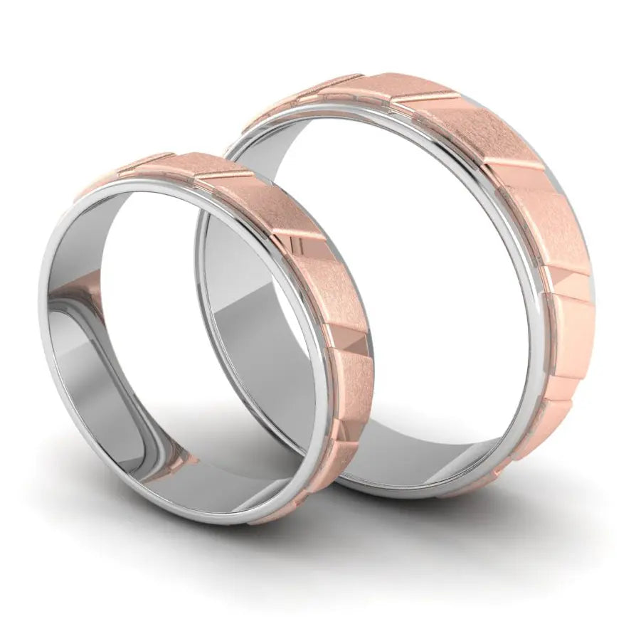 Designer Platinum & Rose Gold Couple Rings with Slanting Grooves JL PT 639   Jewelove.US