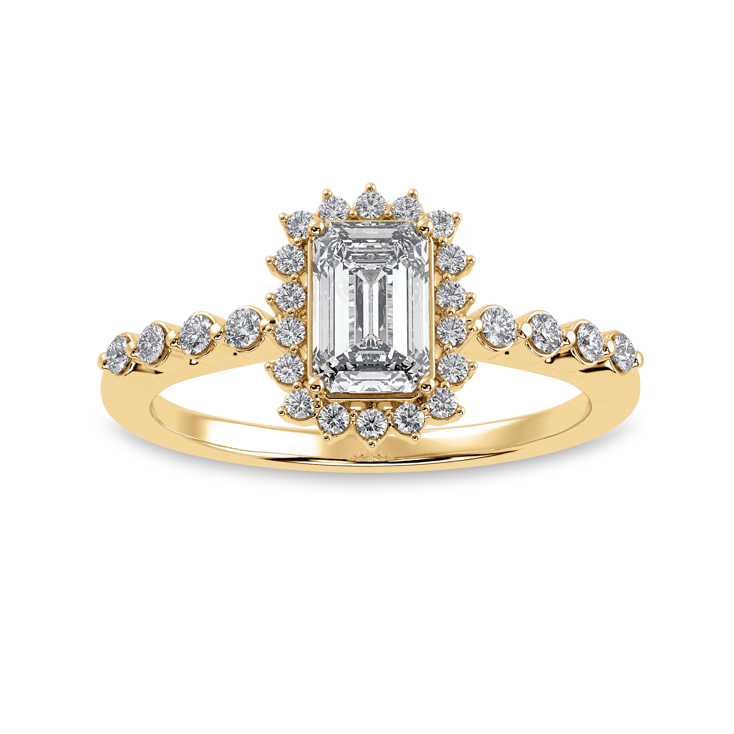 70-Pointer Emerald Cut Solitaire Halo Diamond Shank 18K Yellow Gold Ring JL AU 1250Y-B   Jewelove.US