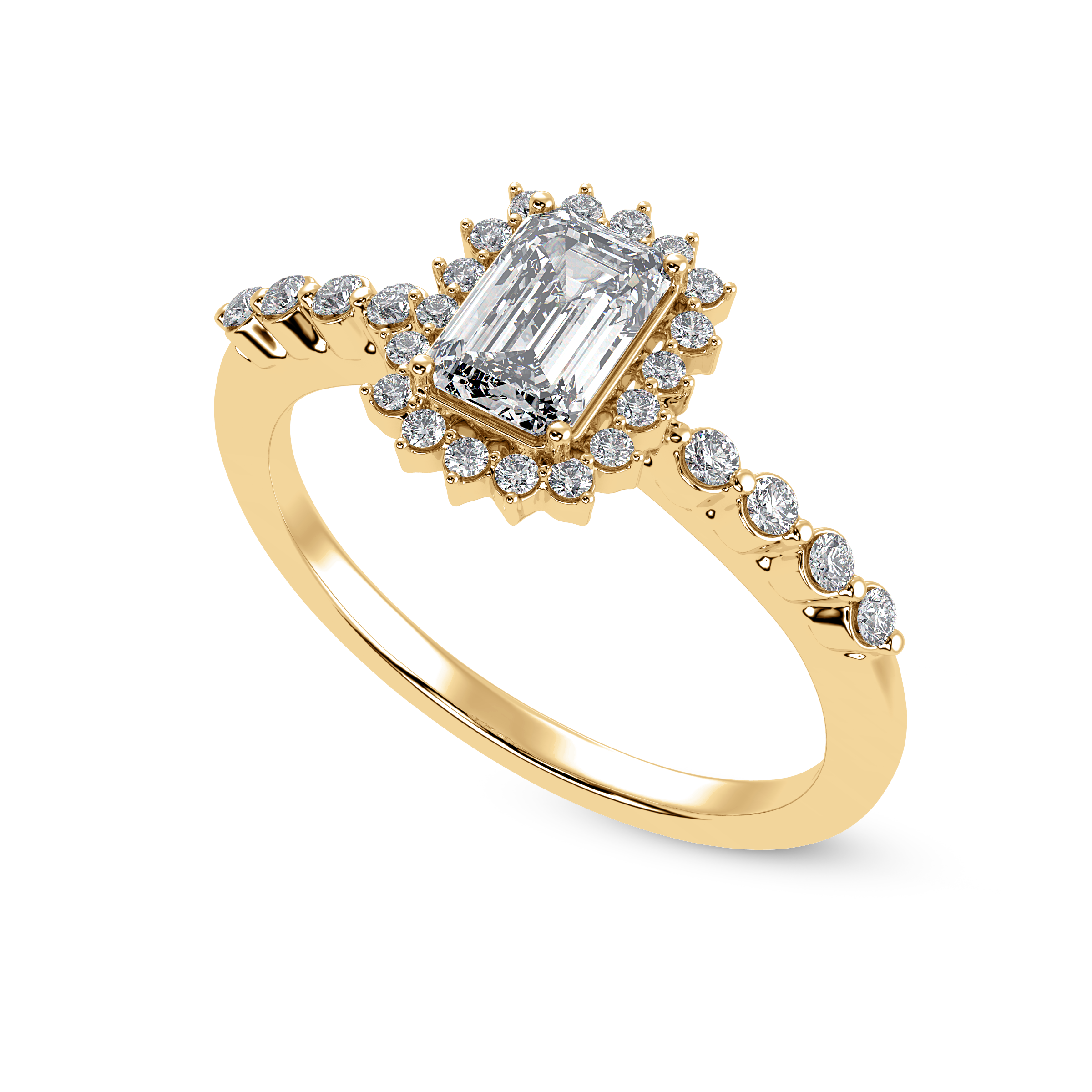 70-Pointer Emerald Cut Solitaire Halo Diamond Shank 18K Yellow Gold Ring JL AU 1250Y-B   Jewelove.US