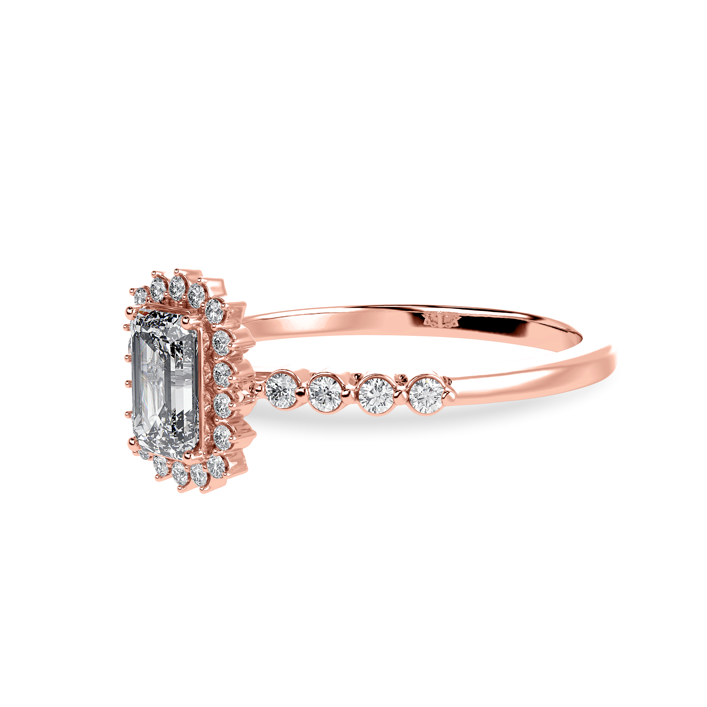 0.50cts. Emerald Cut Solitaire Halo Diamond Shank 18K Rose Gold Solitaire Ring JL AU 1250R-A   Jewelove.US