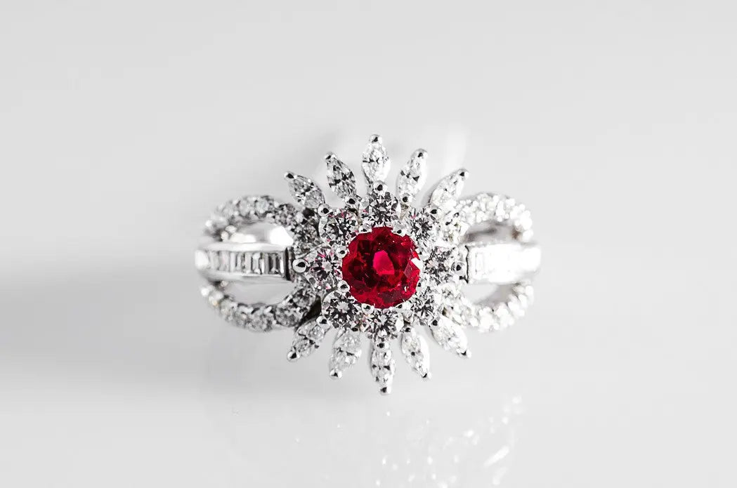 Fine Red Ruby Ring with Diamonds SJ R 648   Suranas Jewelove