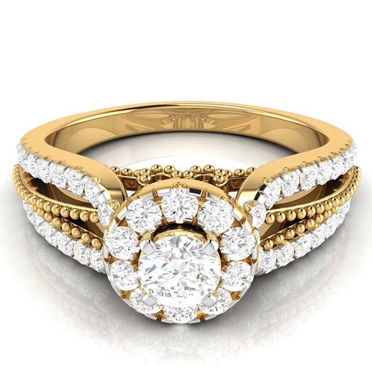 50-Pointer Solitaire Halo Diamond Split Shank Yellow Gold Ring JL AU G 102Y-A   Jewelove.US