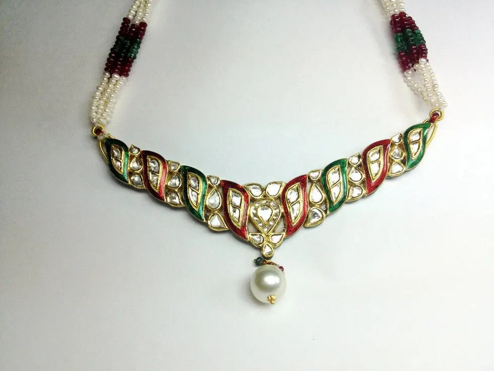 Green Meena Hasli Set with Uncut Diamond Polkis by Suranas Jewelove   Suranas Jewelove