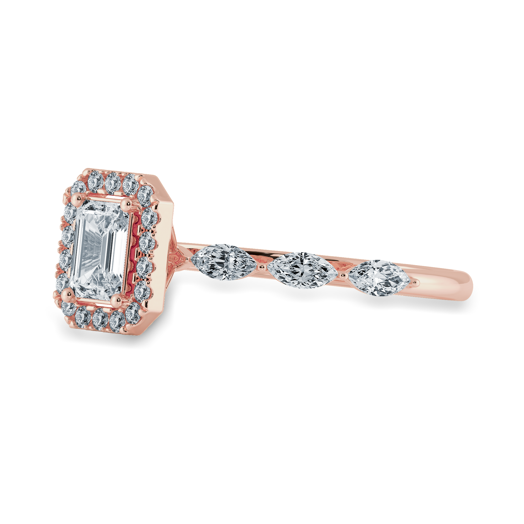 30-Pointer Emerald Cut Solitaire Halo Diamonds & Marquise Diamonds Accents 18K Rose Gold Solitaire Ring JL AU 1272R