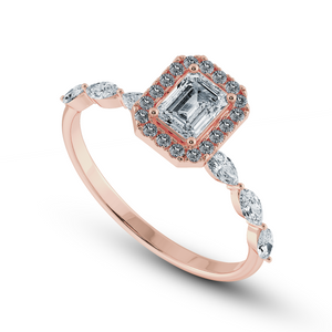 70-Pointer Emerald Cut Solitaire Halo Diamonds & Marquise Diamonds Accents 18K Rose Gold Solitaire Ring JL AU 1272R-B