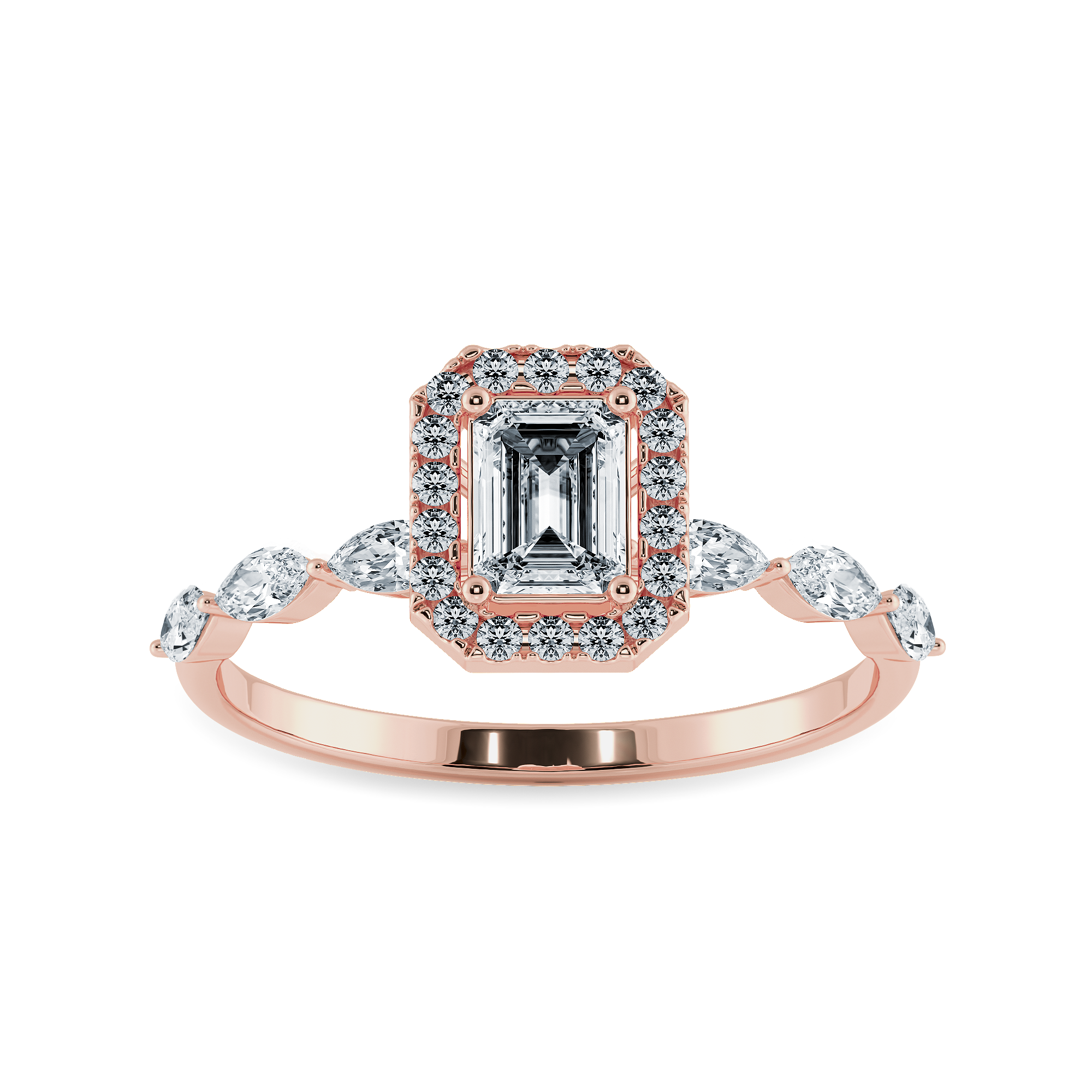 70-Pointer Emerald Cut Solitaire Halo Diamonds & Marquise Diamonds Accents 18K Rose Gold Solitaire Ring JL AU 1272R-B   Jewelove.US