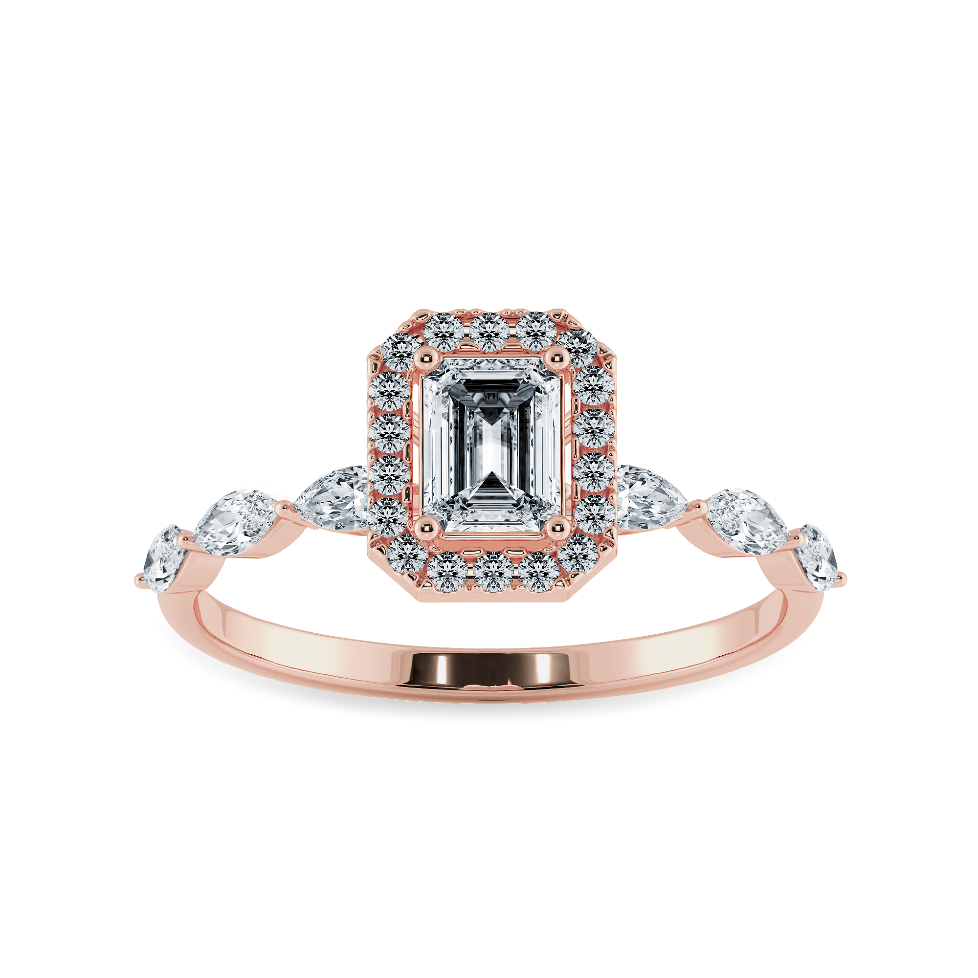 70-Pointer Emerald Cut Solitaire Halo Diamonds & Marquise Diamonds Accents 18K Rose Gold Solitaire Ring JL AU 1272R-B