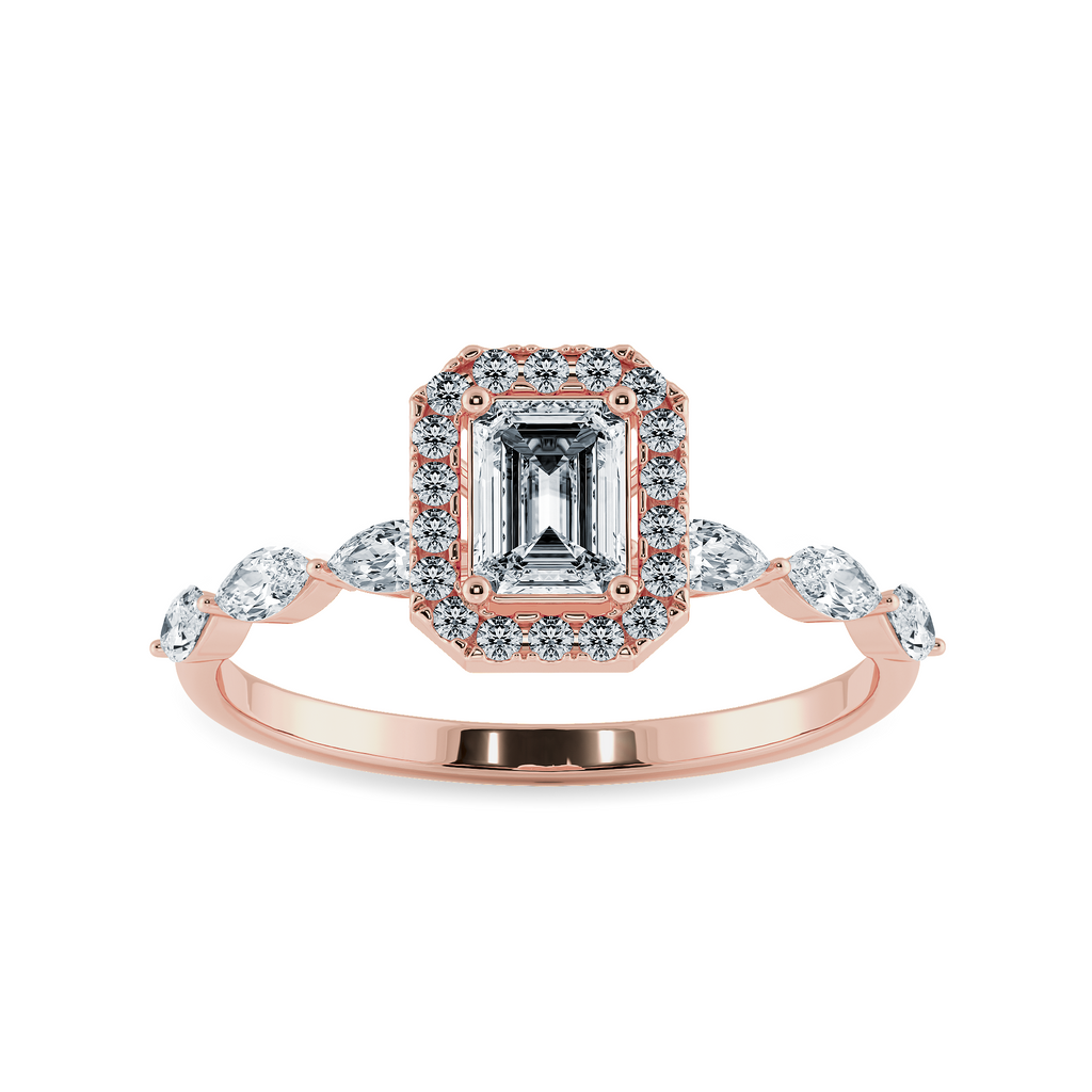 70-Pointer Emerald Cut Solitaire Halo Diamonds & Marquise Diamonds Accents 18K Rose Gold Solitaire Ring JL AU 1272R-B   Jewelove.US
