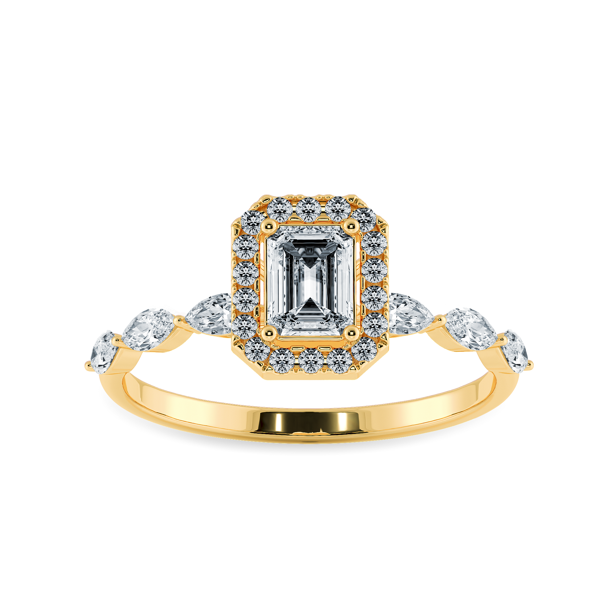 70-Pointer Emerald Cut Solitaire Halo Diamonds with Marquise Cut Diamonds Accents 18K Yellow Gold Ring JL AU 1272Y-B   Jewelove.US