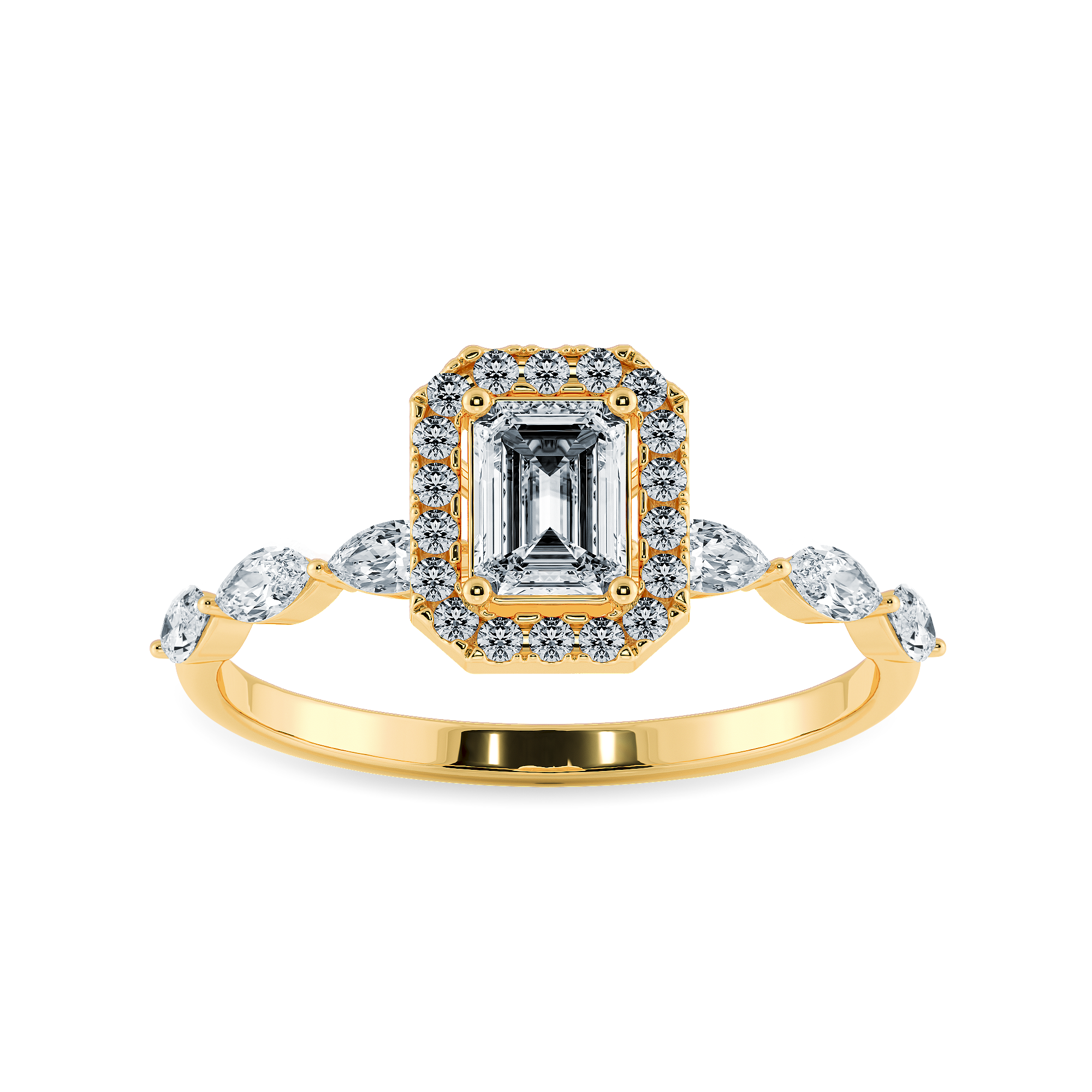 70-Pointer Emerald Cut Solitaire Halo Diamonds with Marquise Cut Diamonds Accents 18K Yellow Gold Ring JL AU 1272Y-B