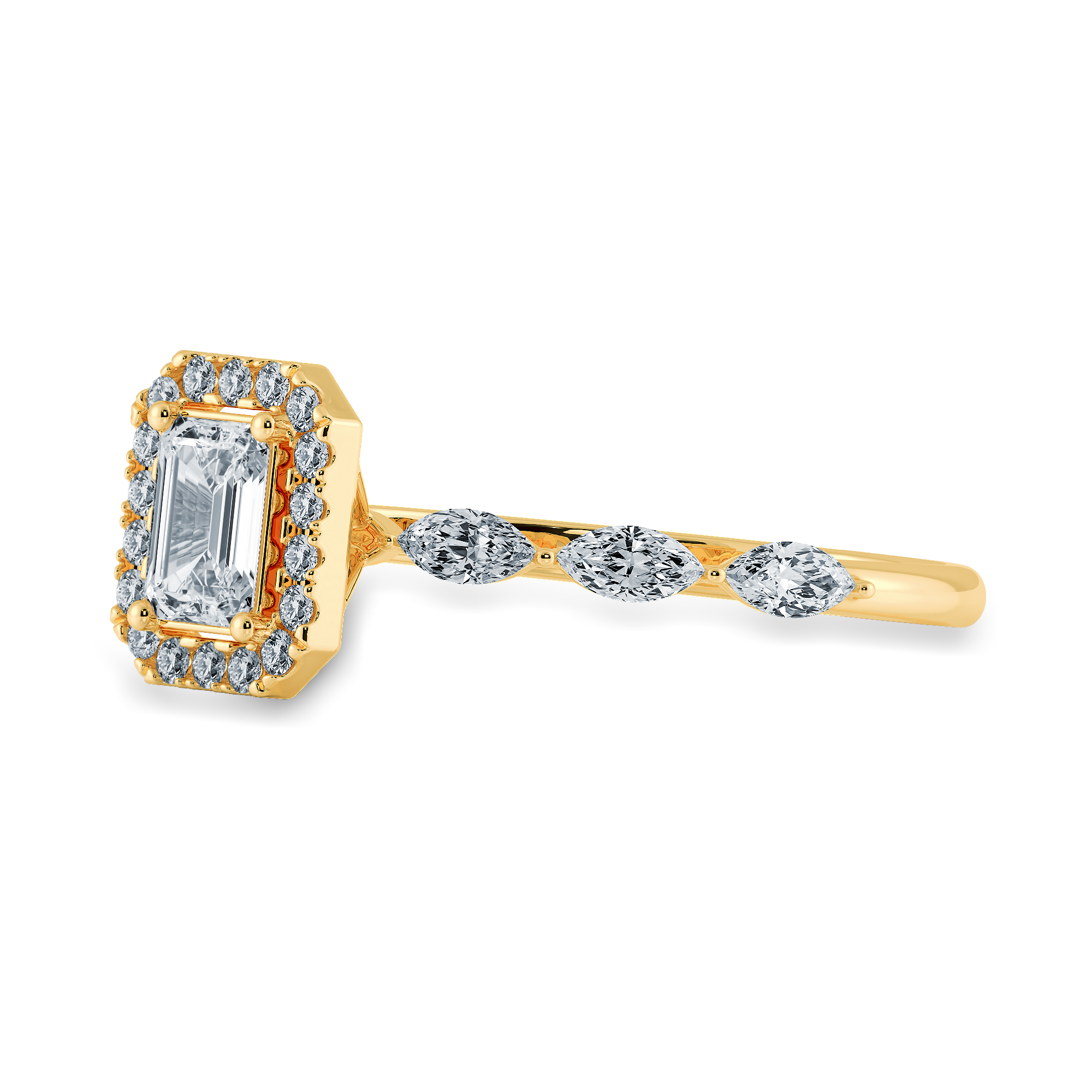 70-Pointer Emerald Cut Solitaire Halo Diamonds with Marquise Cut Diamonds Accents 18K Yellow Gold Ring JL AU 1272Y-B   Jewelove.US