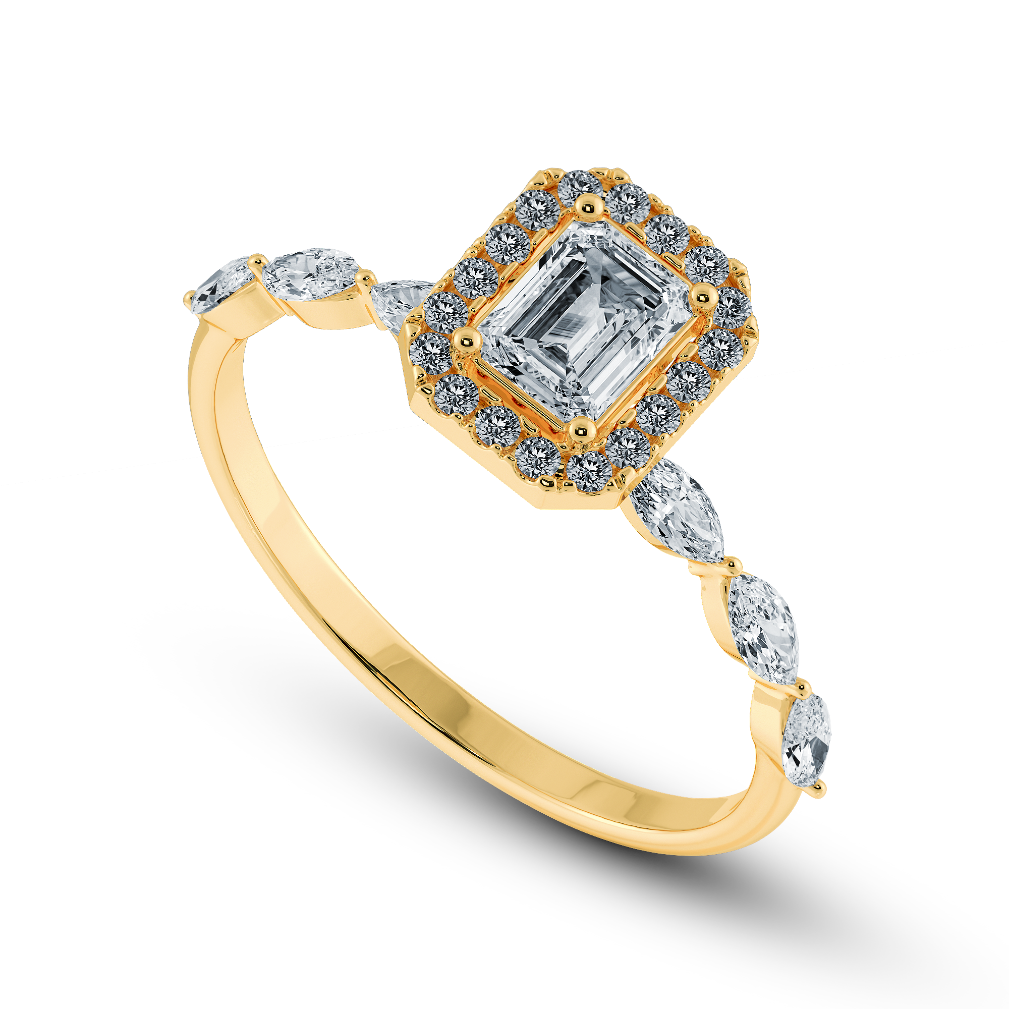 70-Pointer Emerald Cut Solitaire Halo Diamonds with Marquise Cut Diamonds Accents 18K Yellow Gold Ring JL AU 1272Y-B   Jewelove.US