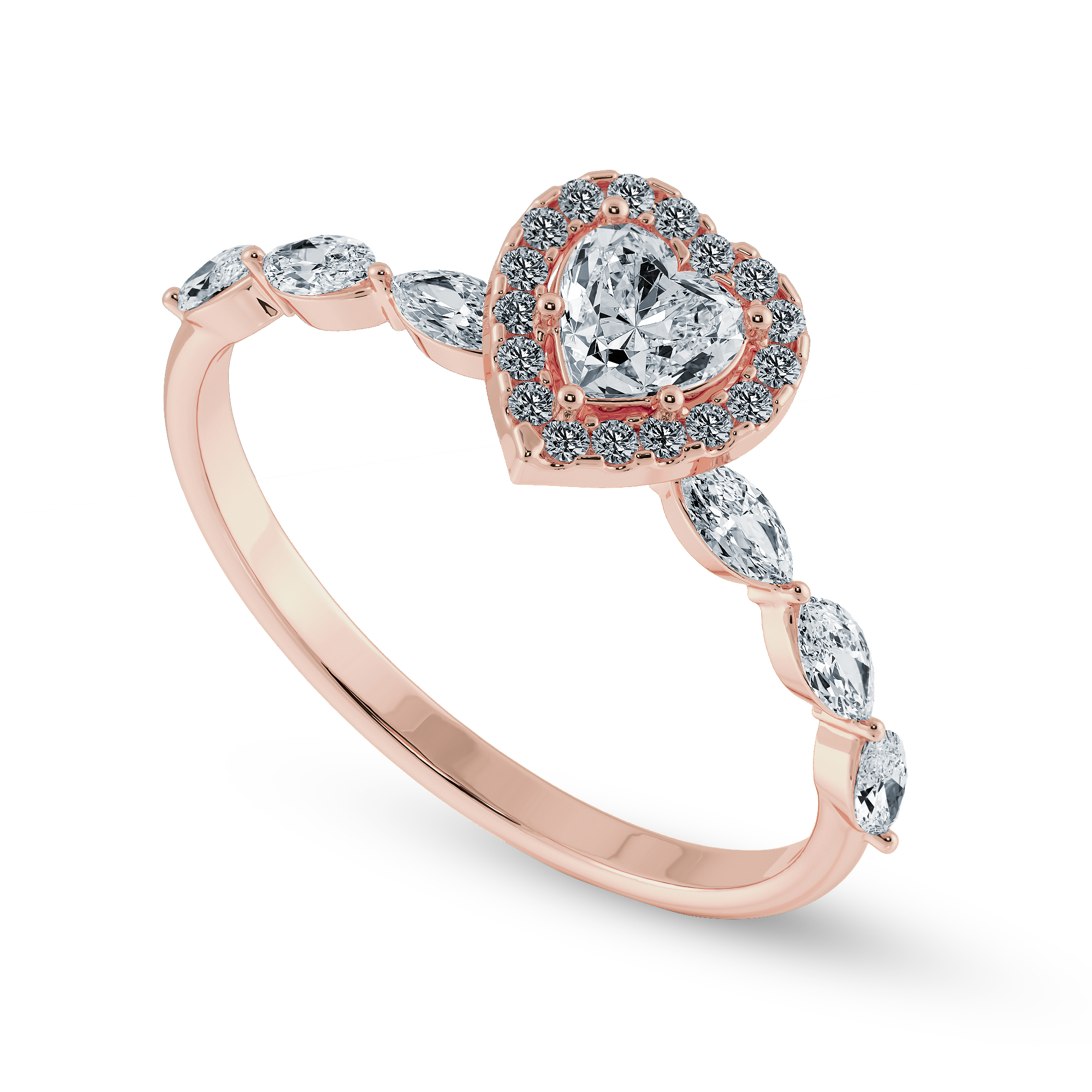 30-Pointer Heart Cut Solitaire Halo Diamonds with Marquise Diamonds Accents 18K Rose Gold Ring JL AU 1273R
