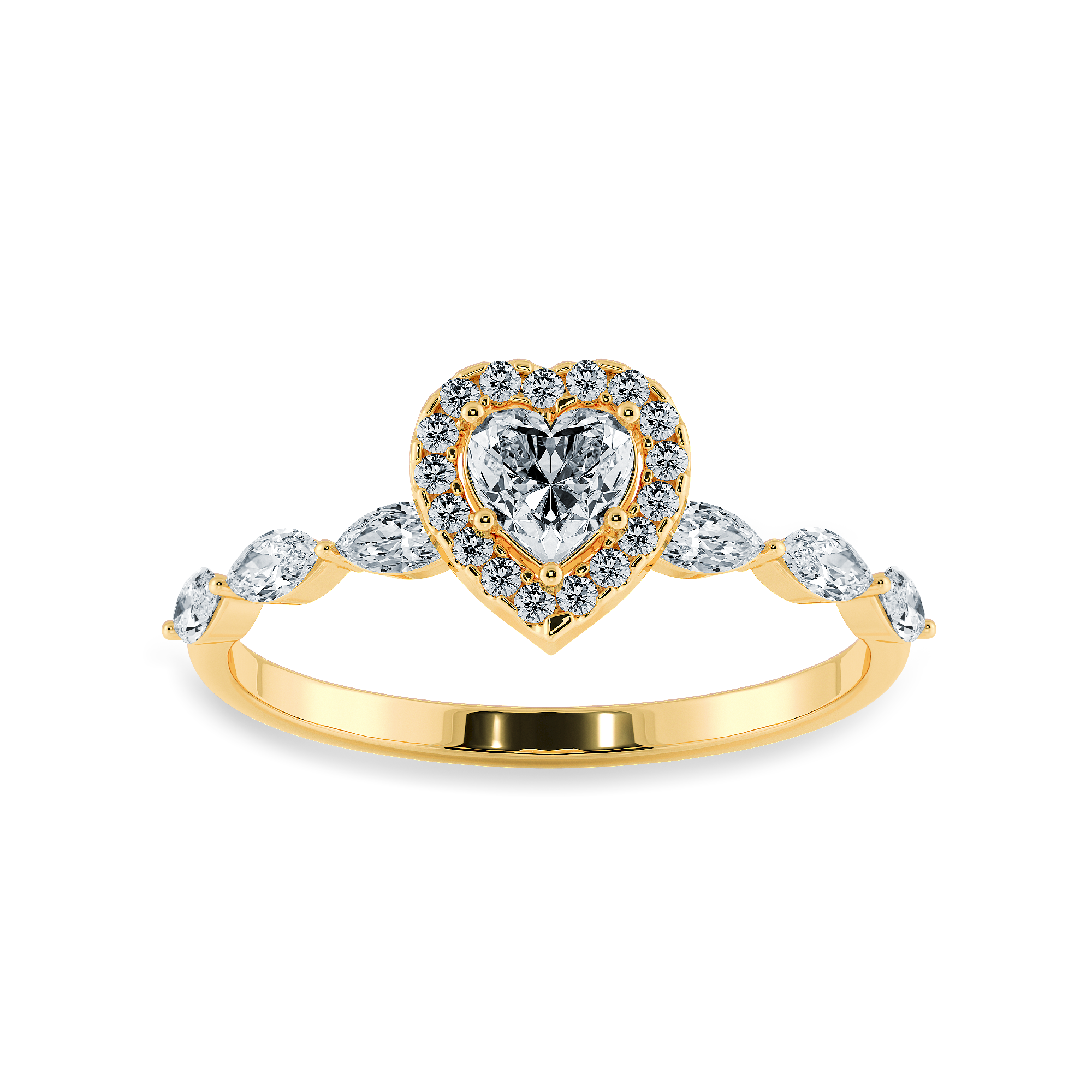 30-Pointer Heart Cut Solitaire Halo Diamonds with Marquise Diamonds Accents 18K Yellow Gold Ring JL AU 1273Y