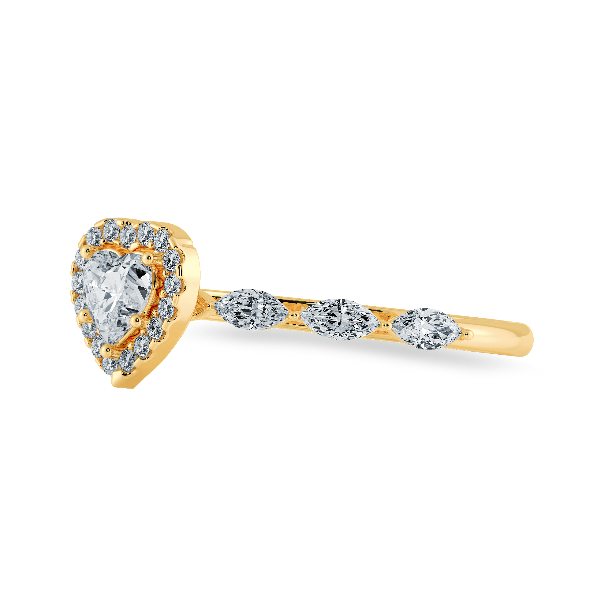 70-Pointer Heart Cut Solitaire Halo Diamonds with Marquise Diamonds Accents 18K Yellow Gold Ring JL AU 1273Y-B