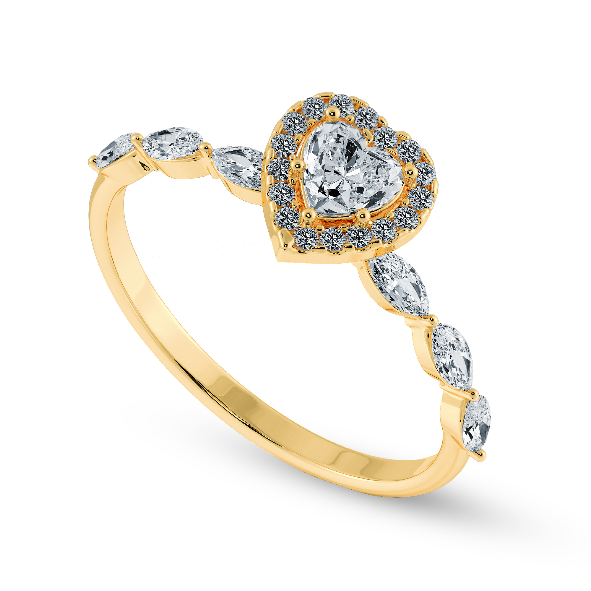 70-Pointer Heart Cut Solitaire Halo Diamonds with Marquise Diamonds Accents 18K Yellow Gold Ring JL AU 1273Y-B   Jewelove.US