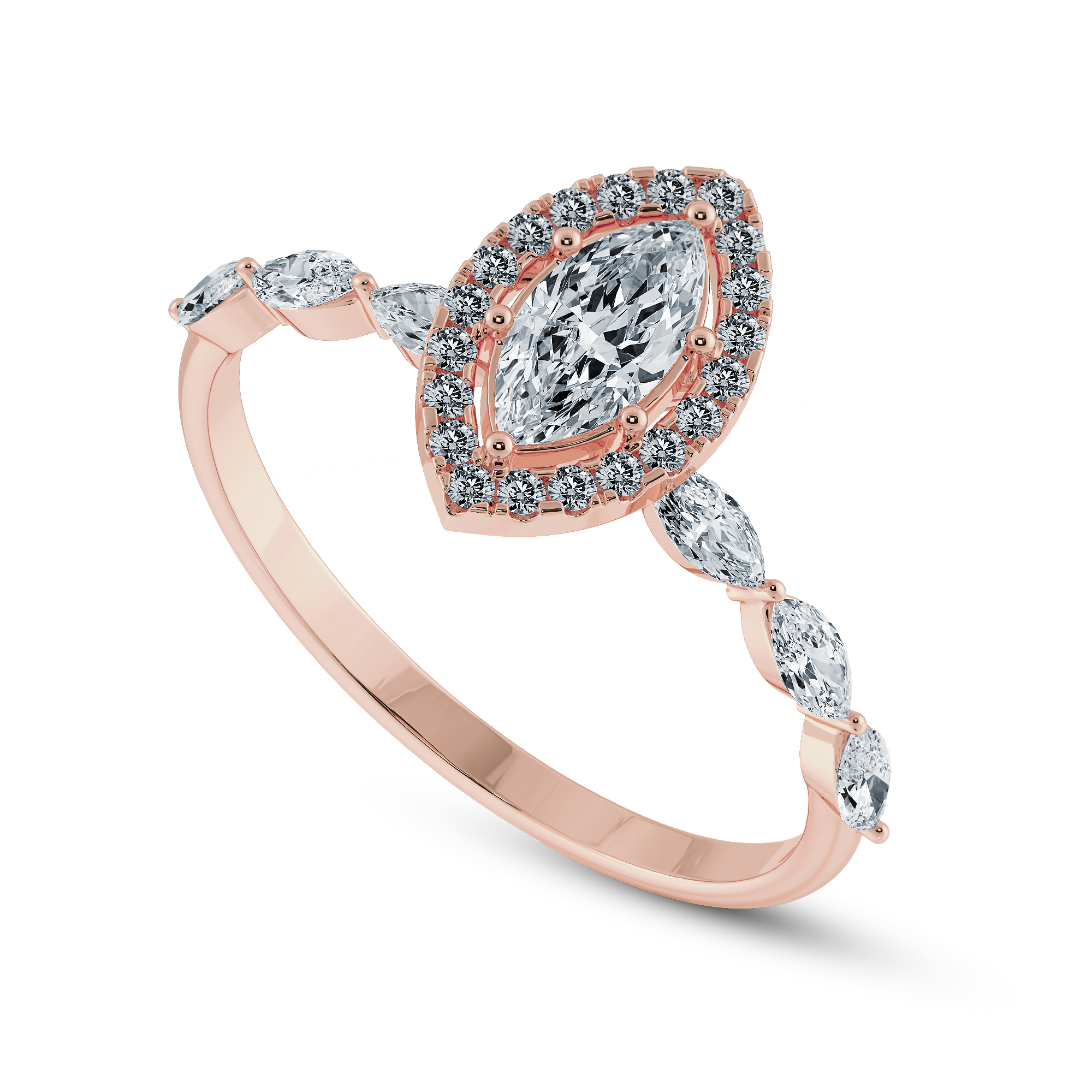 50-Pointer Marquise Cut Solitaire Halo Diamonds Accents 18K Rose Gold Ring JL AU 1274R-A