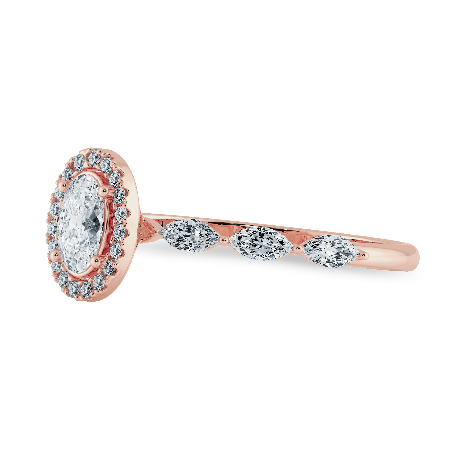 70-Pointer Oval Cut Solitaire Halo Diamonds with Marquise Cut Accents 18K Rose Gold Ring JL AU 1275R-B   Jewelove.US