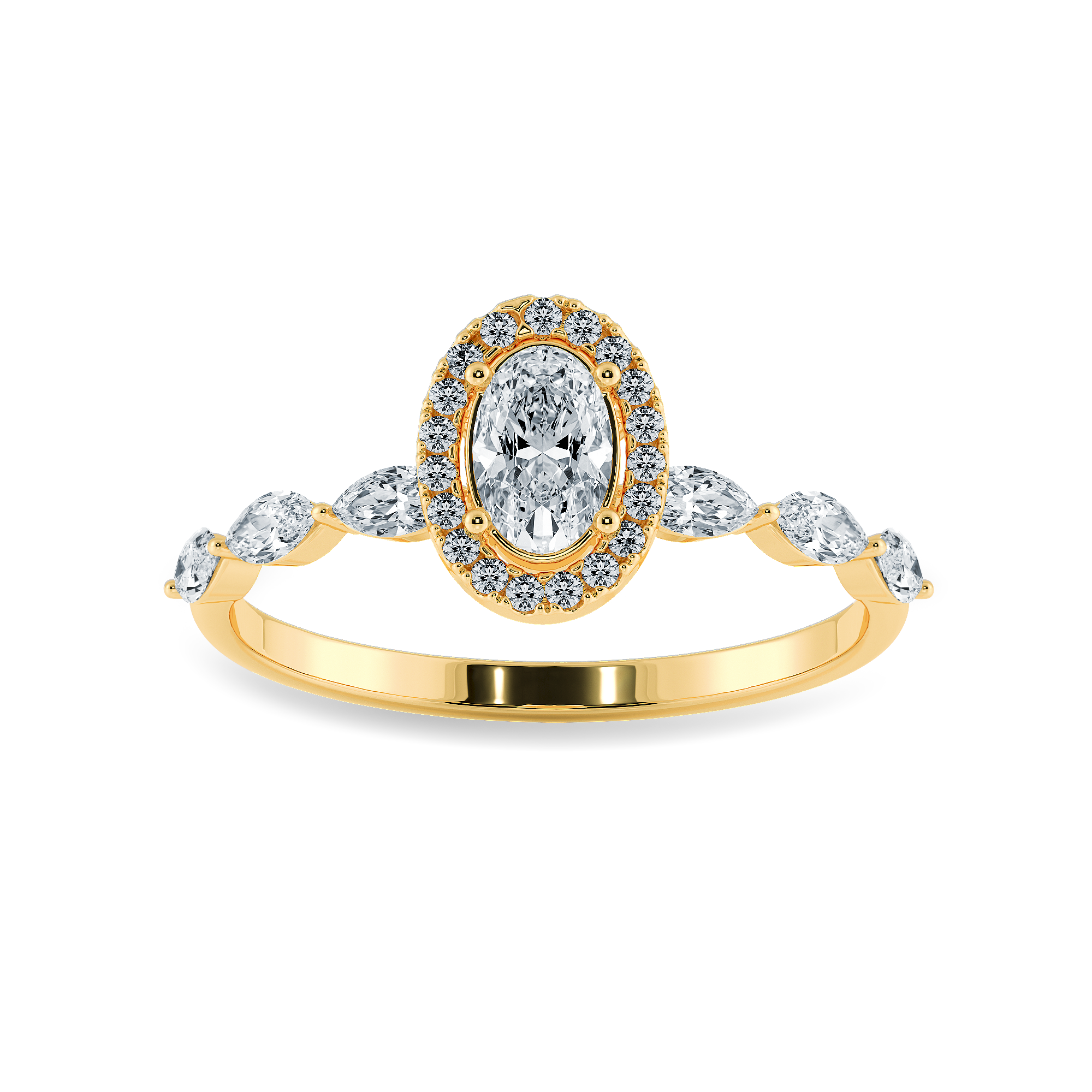 30-Pointer Oval Cut Solitaire Halo Diamonds with Marquise Accents 18K Yellow Gold Ring JL AU 1275Y
