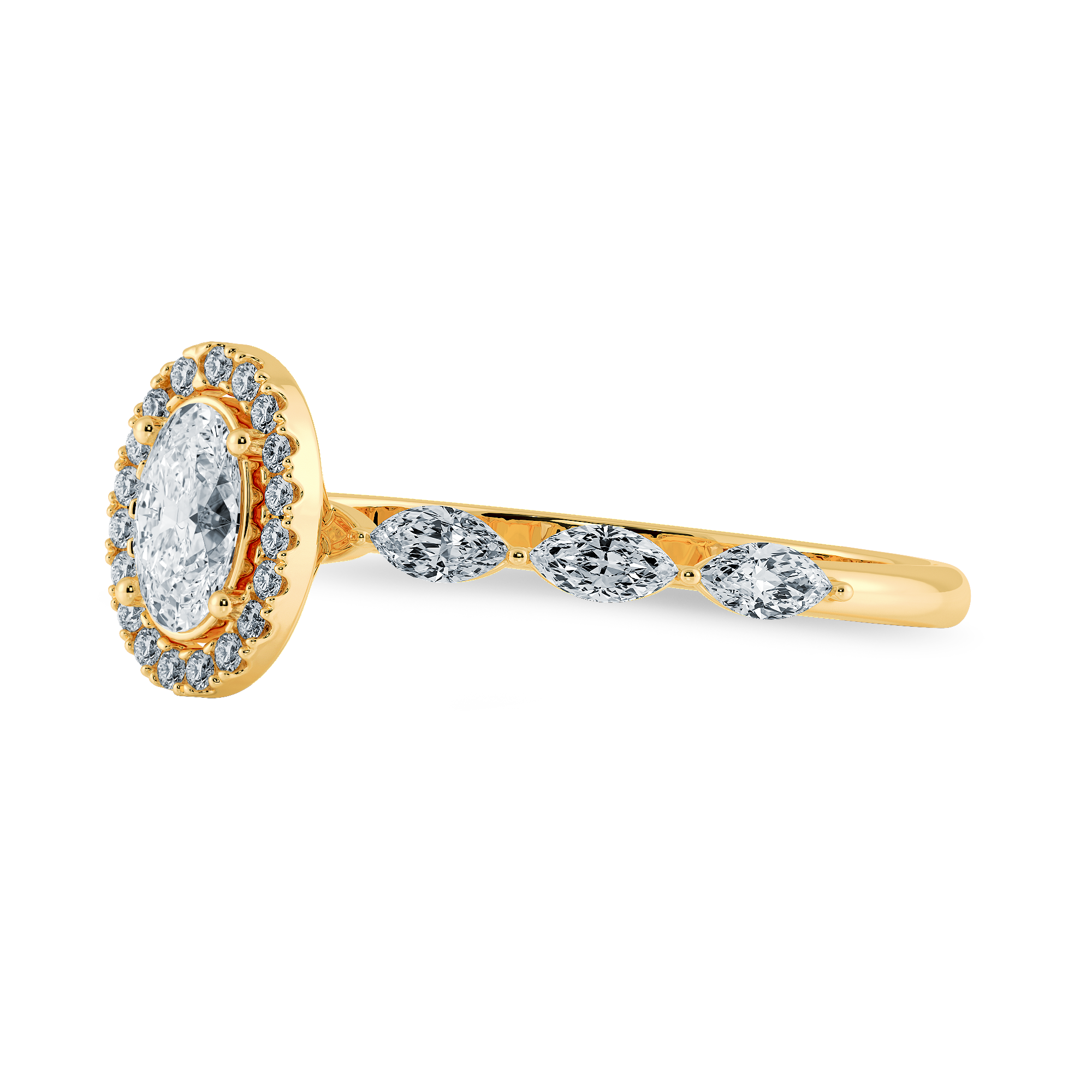 50-Pointer Oval Cut Solitaire Halo Diamonds with Marquise Accents 18K Yellow Gold Ring JL AU 1275Y-A