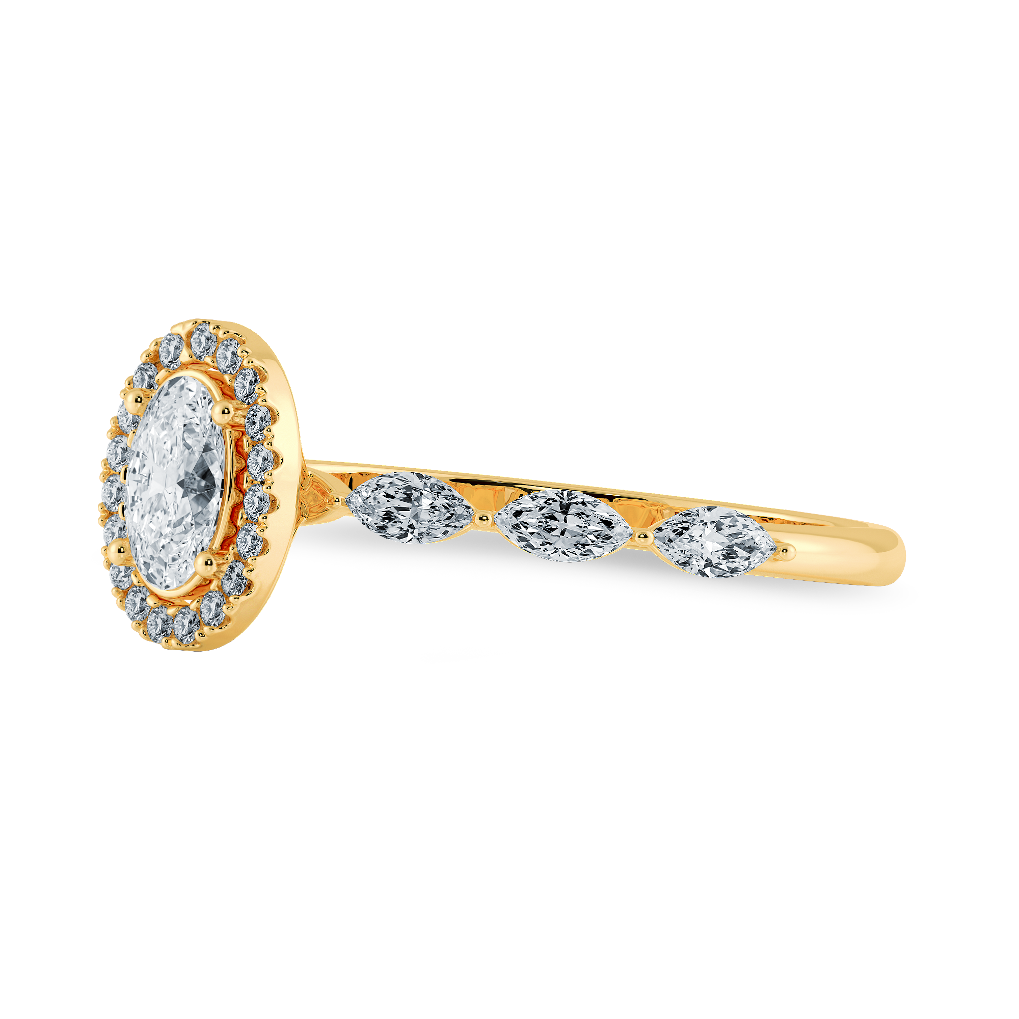 70-Pointer Oval Cut Solitaire Halo Diamonds with Marquise Accents 18K Yellow Gold Ring JL AU 1275Y-B   Jewelove.US