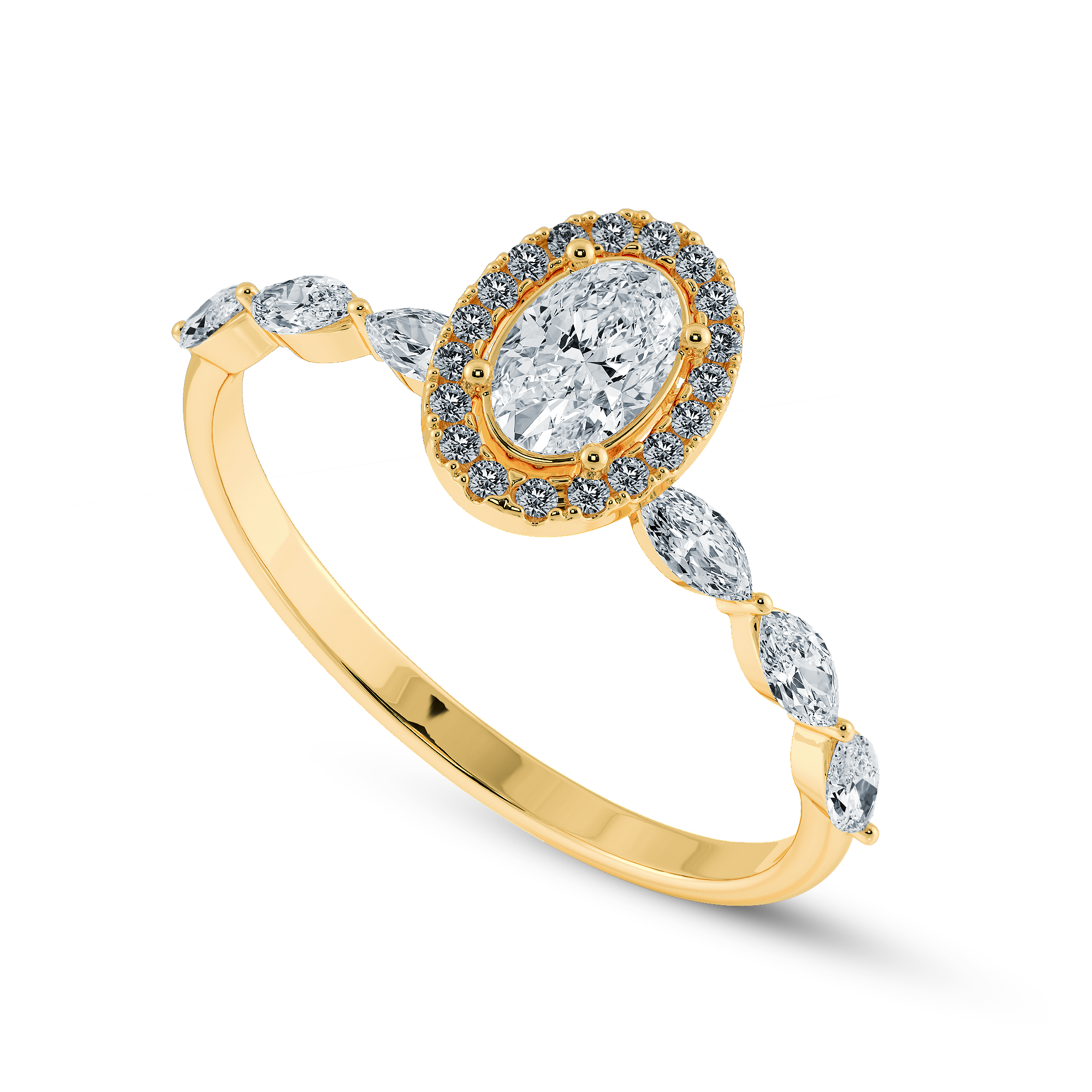 30-Pointer Oval Cut Solitaire Halo Diamonds with Marquise Accents 18K Yellow Gold Ring JL AU 1275Y
