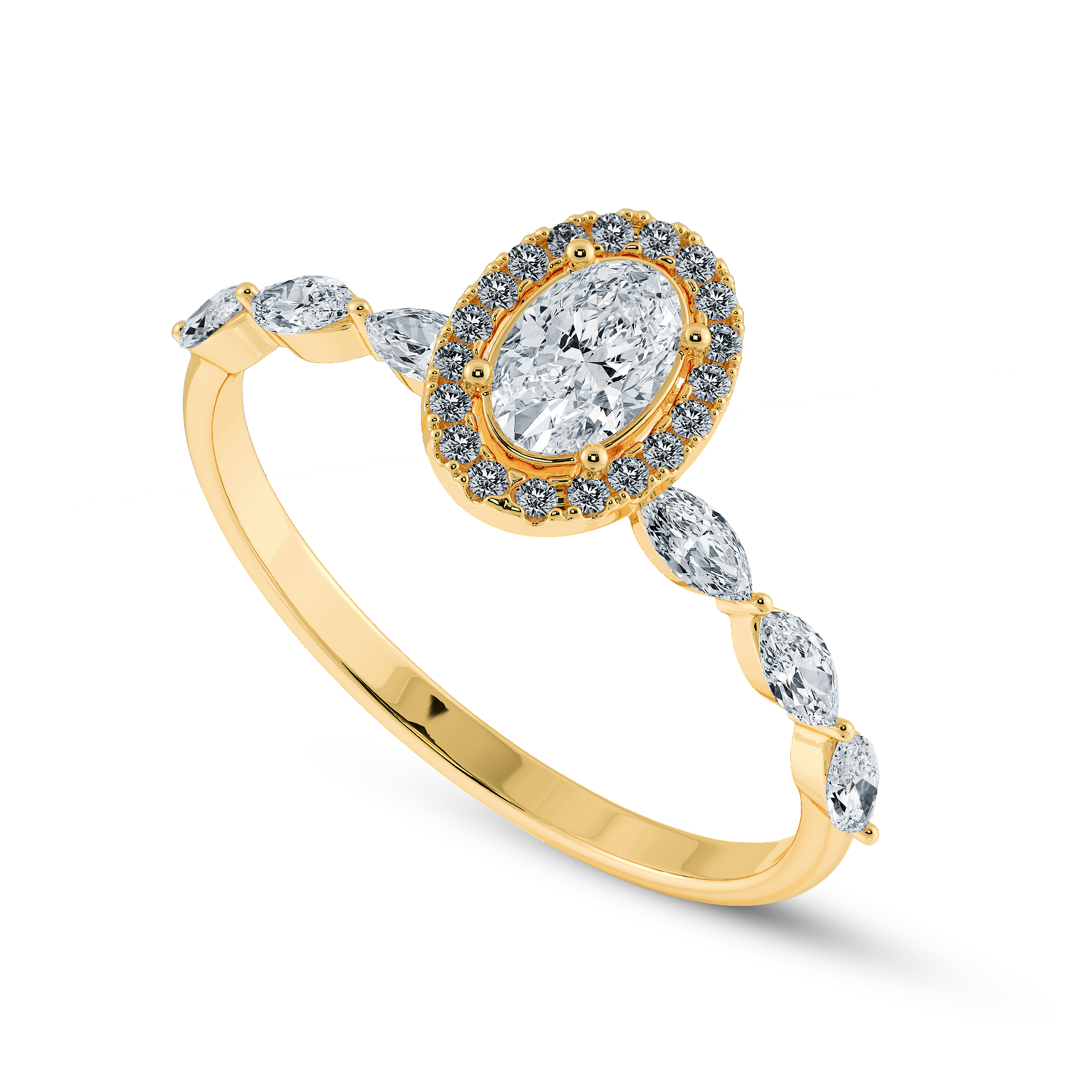 50-Pointer Oval Cut Solitaire Halo Diamonds with Marquise Accents 18K Yellow Gold Ring JL AU 1275Y-A   Jewelove.US