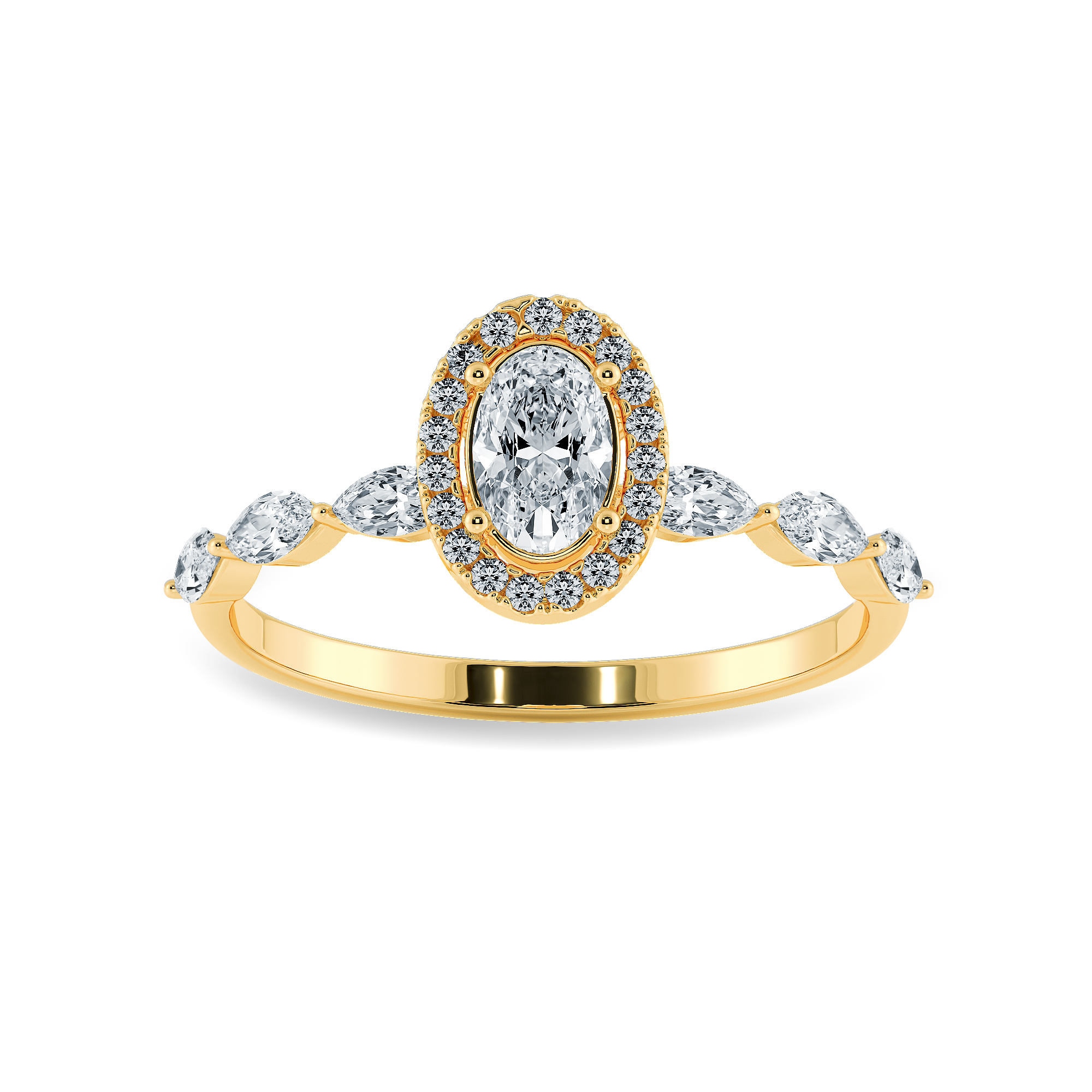 70-Pointer Oval Cut Solitaire Halo Diamonds with Marquise Accents 18K Yellow Gold Ring JL AU 1275Y-B   Jewelove.US