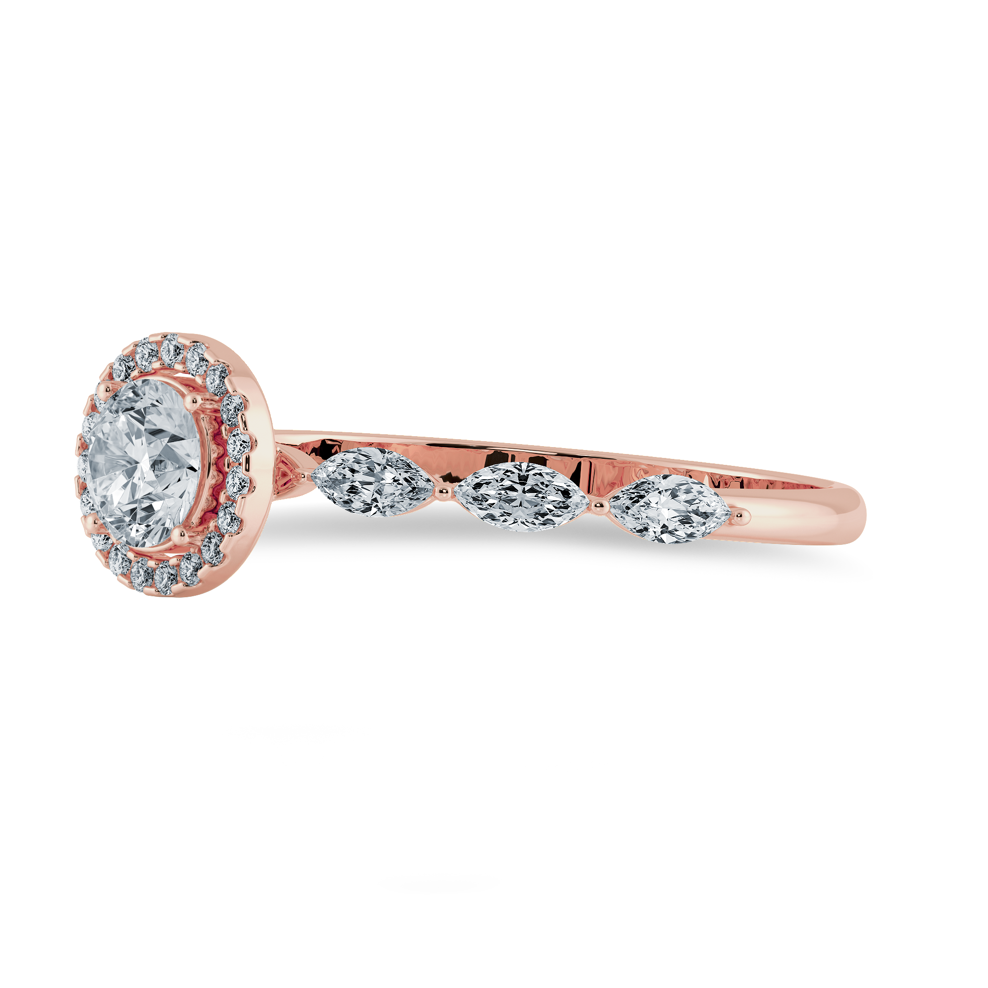 50-Pointer Solitaire Halo Diamond with Marquise Cut Diamond Accents 18K Rose Gold Ring JL AU 1278R-A   Jewelove.US