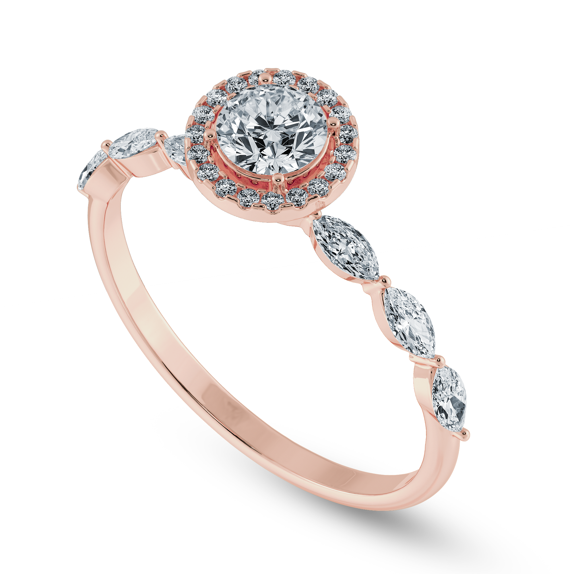 50-Pointer Solitaire Halo Diamond with Marquise Cut Diamond Accents 18K Rose Gold Ring JL AU 1278R-A   Jewelove.US