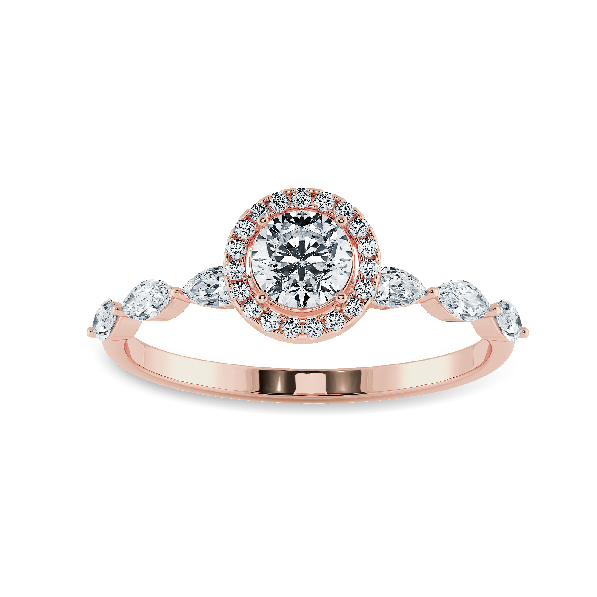 50-Pointer Solitaire Halo Diamond with Marquise Cut Diamond Accents 18K Rose Gold Ring JL AU 1278R-A   Jewelove.US