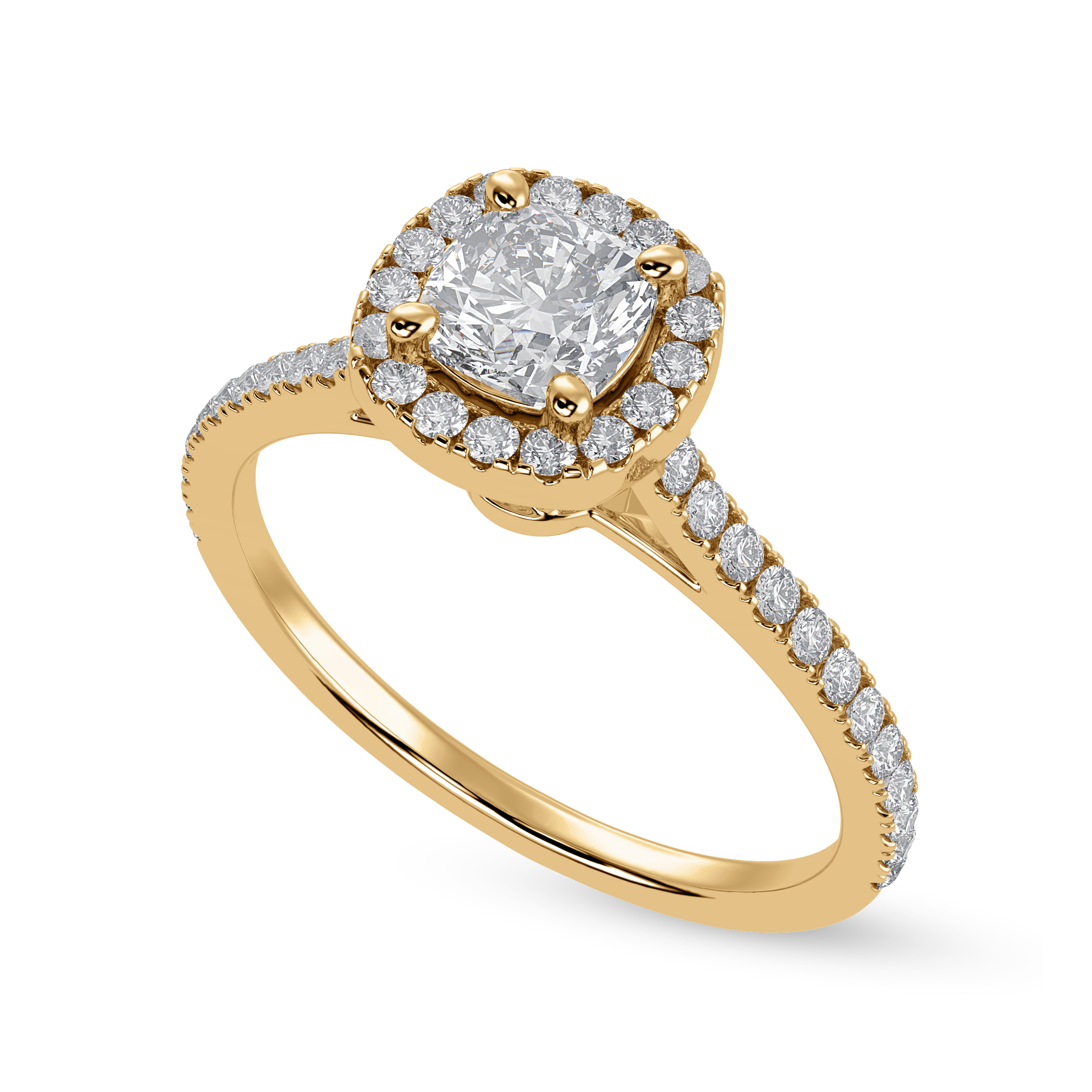 70-Pointer Cushion Cut Solitaire Halo Diamond Shank 18K Yellow Gold Ring JL AU 1287Y-B   Jewelove.US