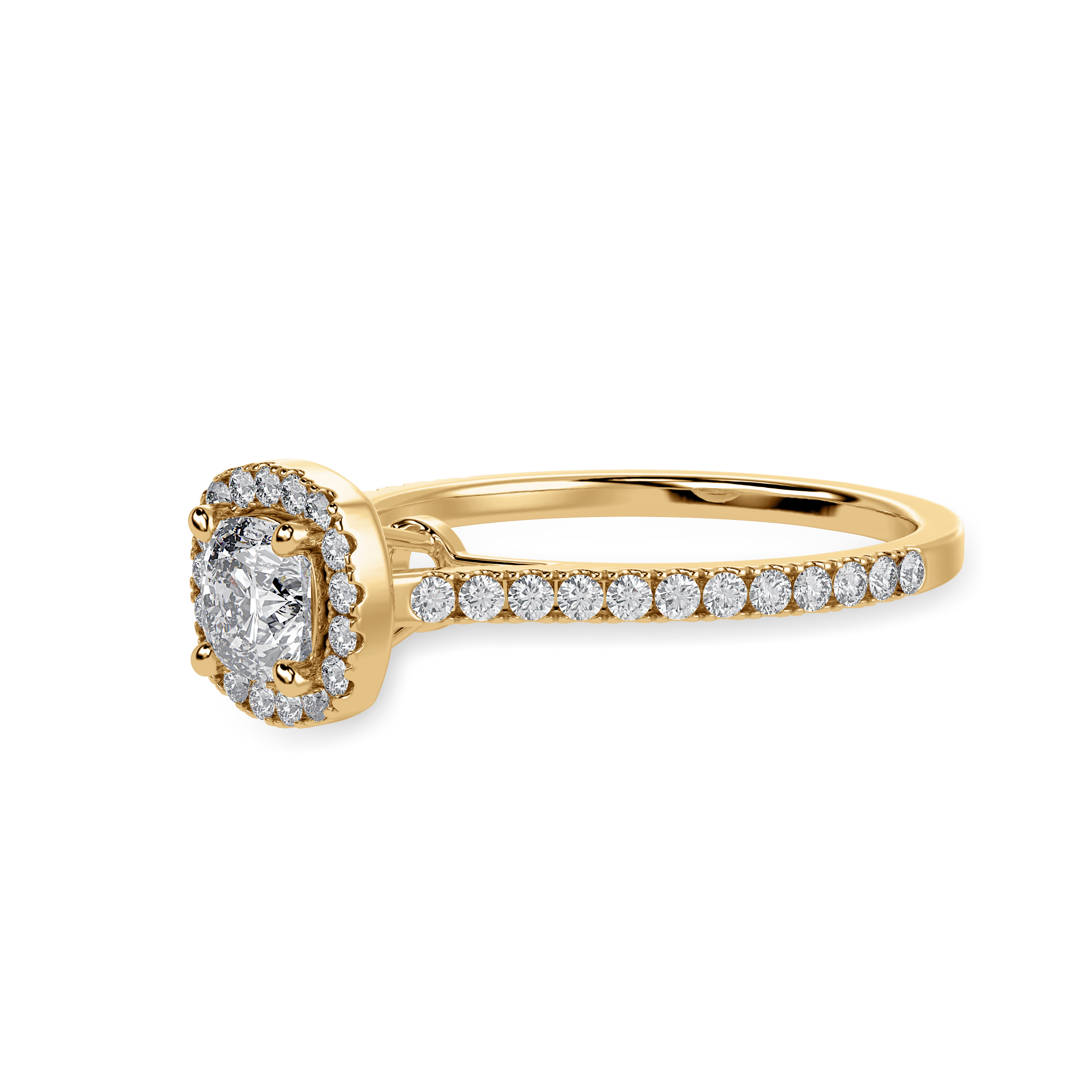 50-Pointer Cushion Cut Solitaire Halo Diamond Shank 18K Yellow Gold Ring JL AU 1287Y-A   Jewelove.US