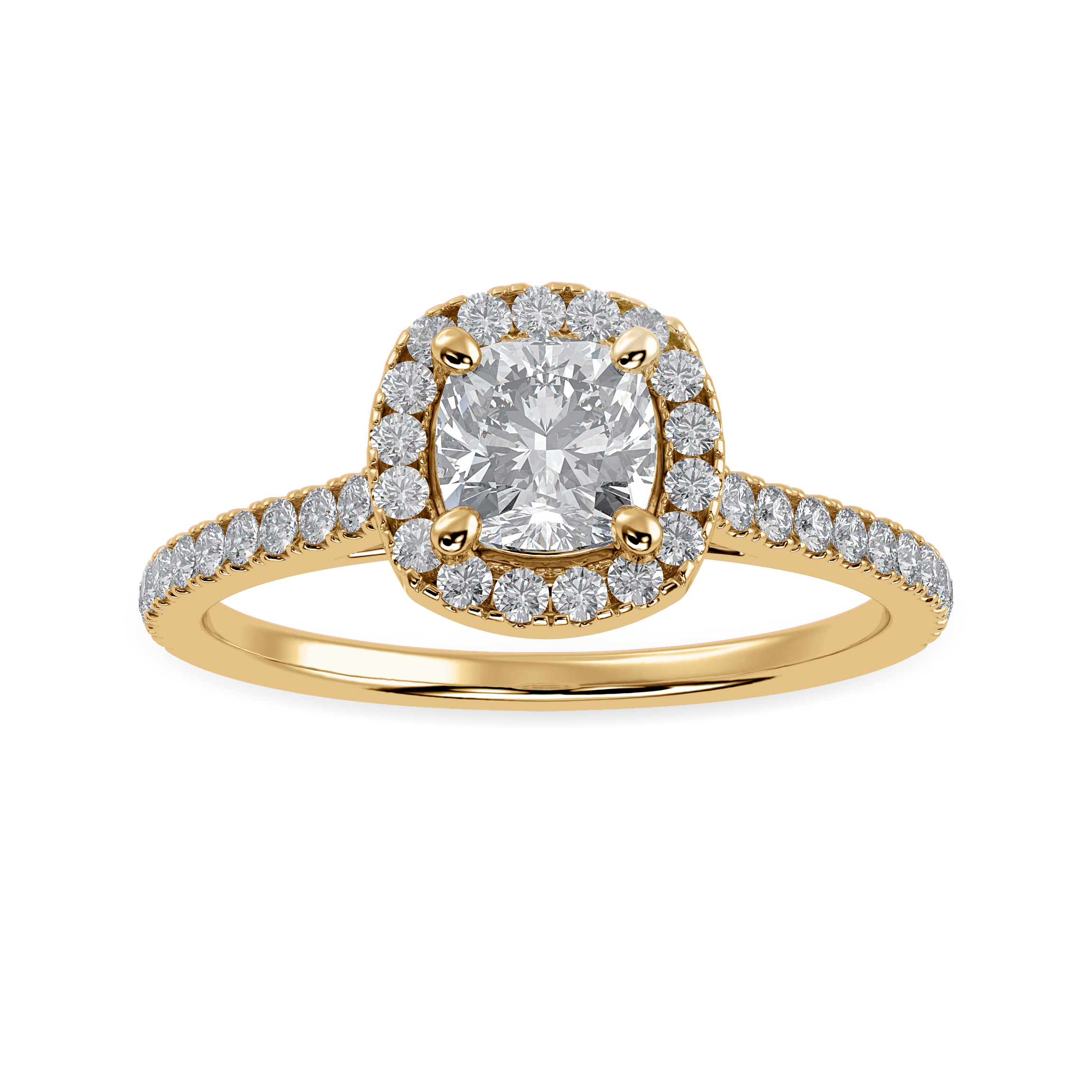 70-Pointer Cushion Cut Solitaire Halo Diamond Shank 18K Yellow Gold Ring JL AU 1287Y-B   Jewelove.US