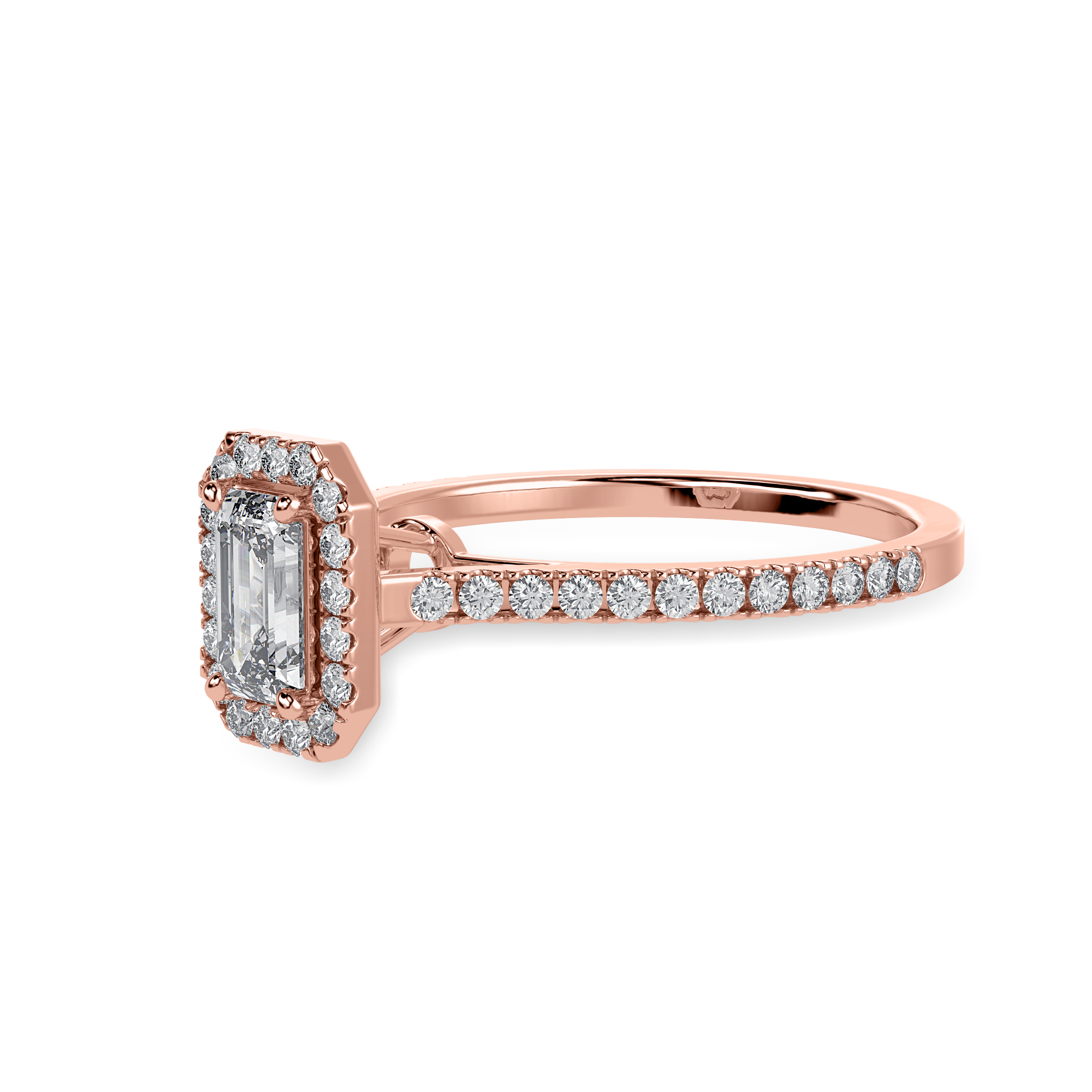 70-Pointer Emerald Cut Solitaire Halo Diamond Shank 18K Rose Gold Solitaire Ring JL AU 1288R-B   Jewelove.US