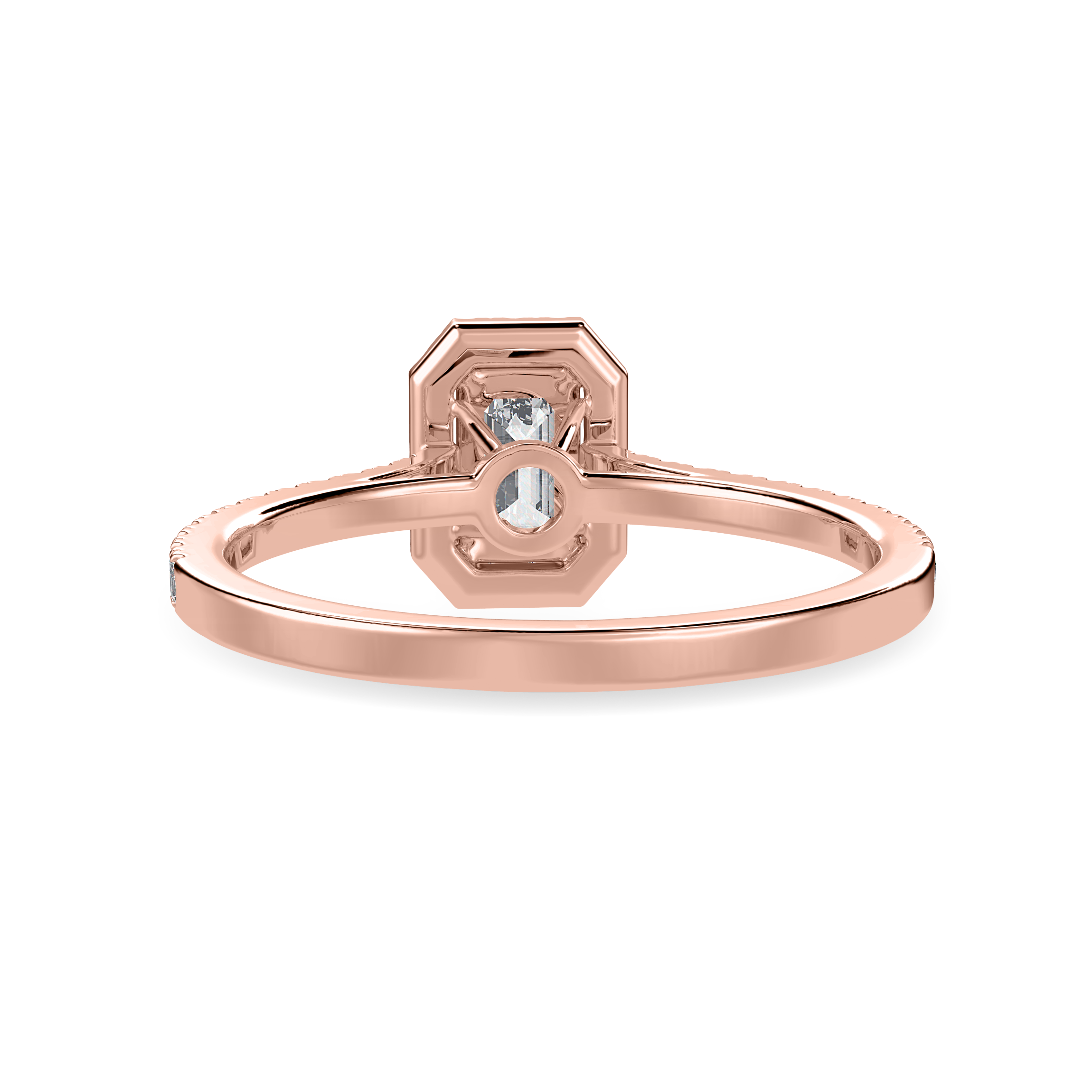 70-Pointer Emerald Cut Solitaire Halo Diamond Shank 18K Rose Gold Solitaire Ring JL AU 1288R-B   Jewelove.US
