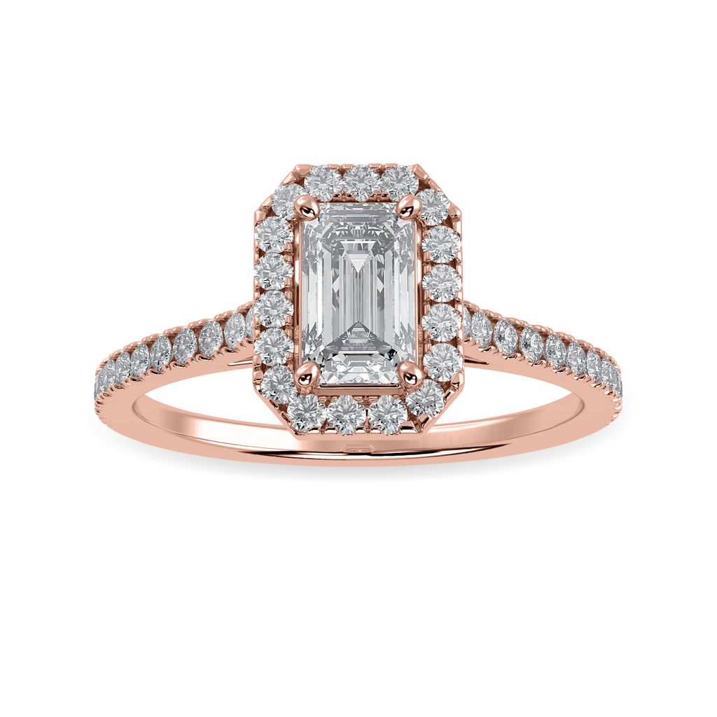 50-Pointer Emerald Cut Solitaire Halo Diamond Shank 18K Rose Gold Solitaire Ring JL AU 1288R-A   Jewelove.US